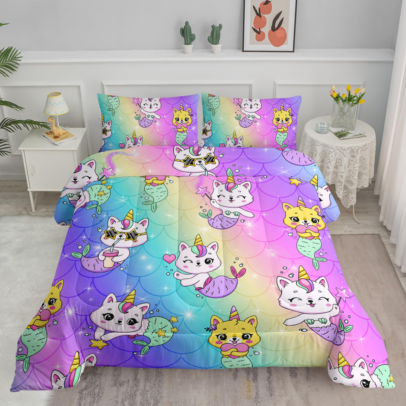 Axolotl Unicorn Cat Bedding Twin,Cute Cartoon Cat Comforter Set,Rainbow Mermaid Scales Printed Kids Bedding Set For Girls Kids A