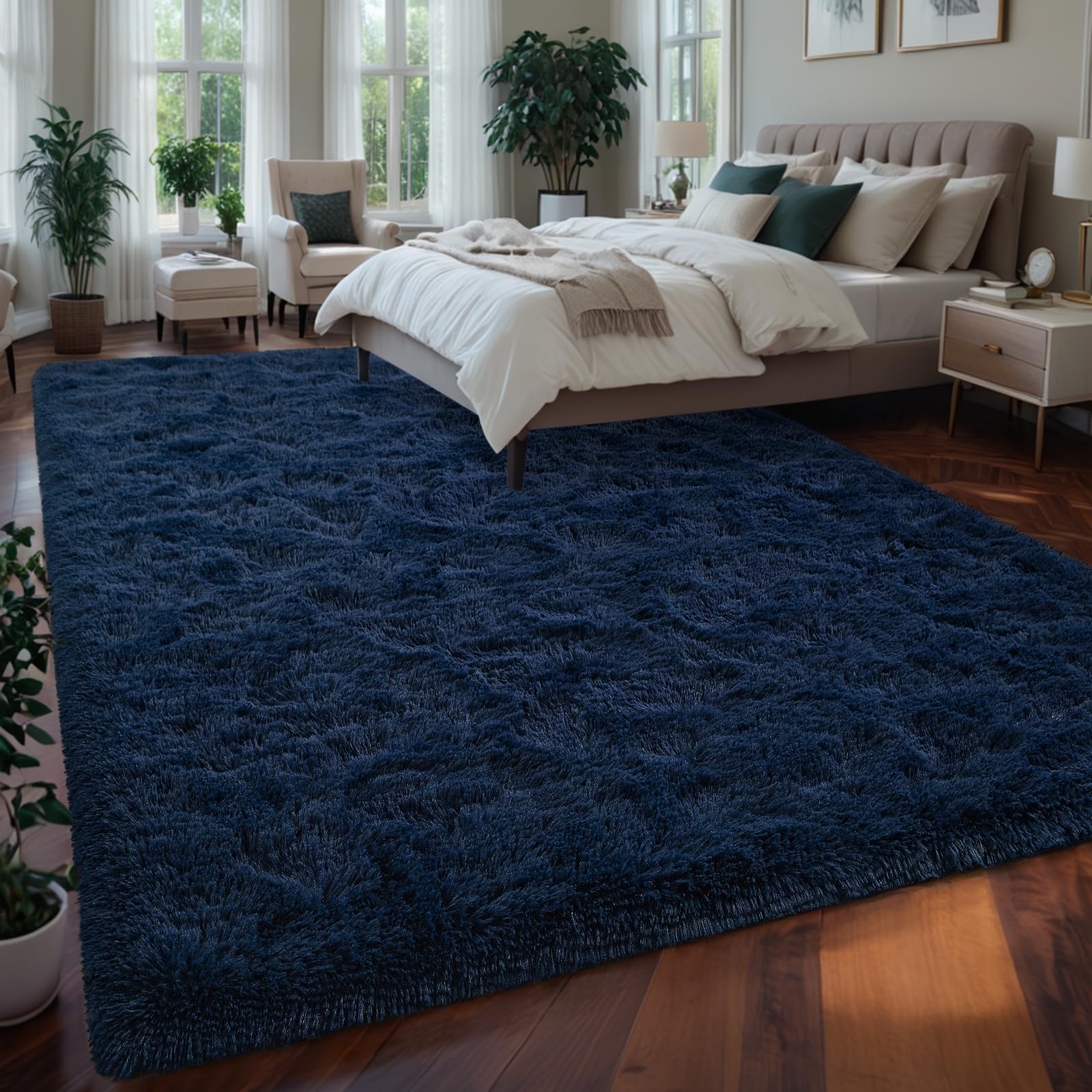 Larhom Fluffy Shag Area Rug For Bedroom Living Room, 4X6 Ft Navy Blue Fuzzy Plush Rugs For Kids Girls Boys Room, Nursery Dorm Ro