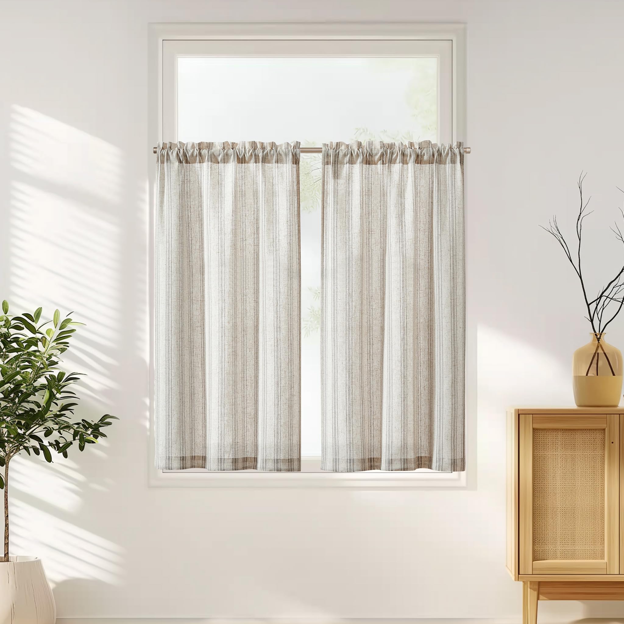 Jinchan Gray Striped Linen Kitchen Curtains 45 Inch Cafe Tier Curtains Balanced Stripe Farmhouse Small Drapes For Bathroom Laundry Over Sink Half Window Light Filtering 2 Panels Grey On Beige