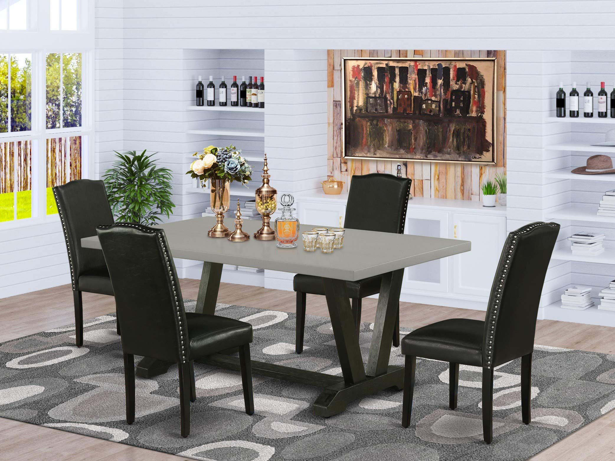 East West Furniture V-Style 5 Piece Dinette Set For 4 Includes A Rectangle Dining Room Table With V-Legs And 4 Black Faux Leather Upholstered Parson Chairs, 40X72 Inch, Multi-Color