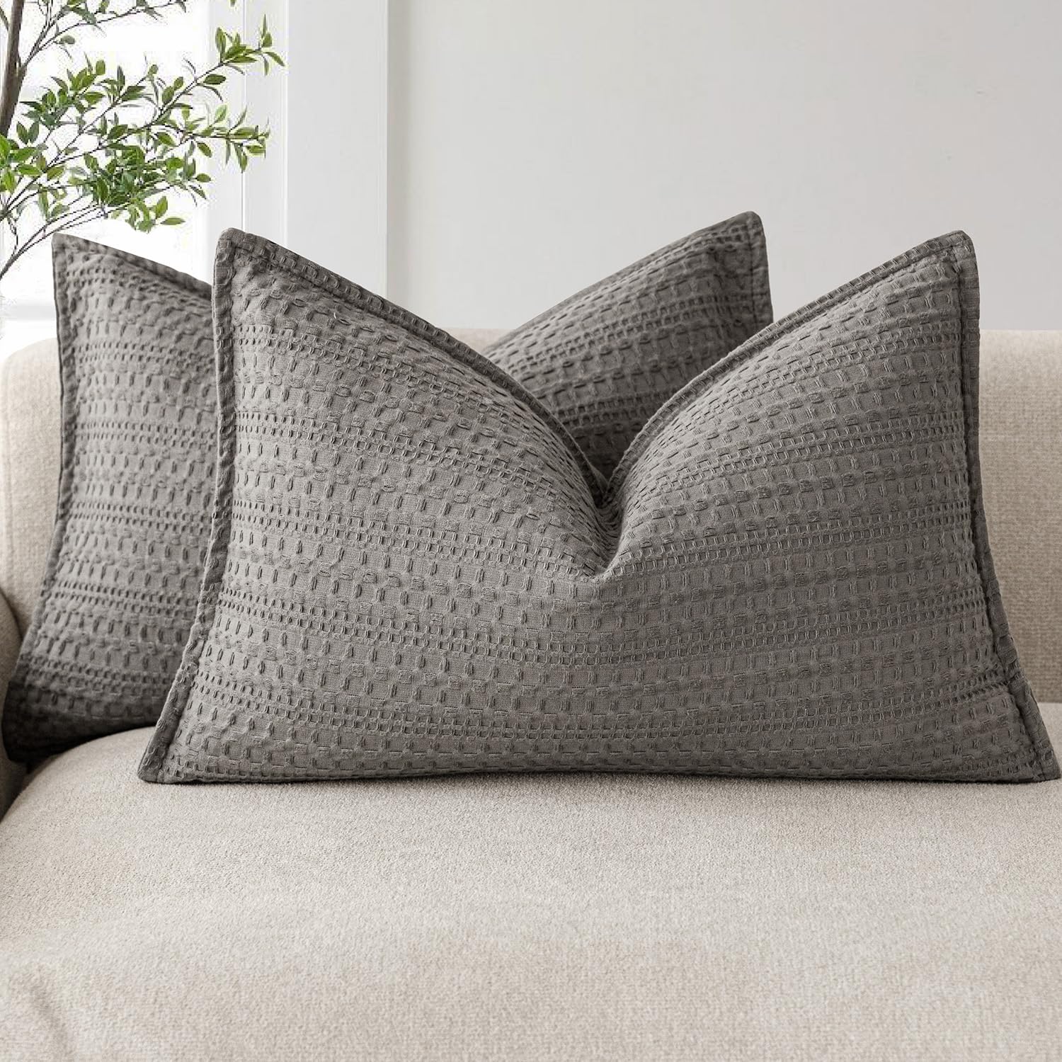 Foindtower Set Of 2 Decorative Cotton Waffle Weave Lumbar Throw Pillow Covers Euro Shams Cushion Covers Accent European Pillowca