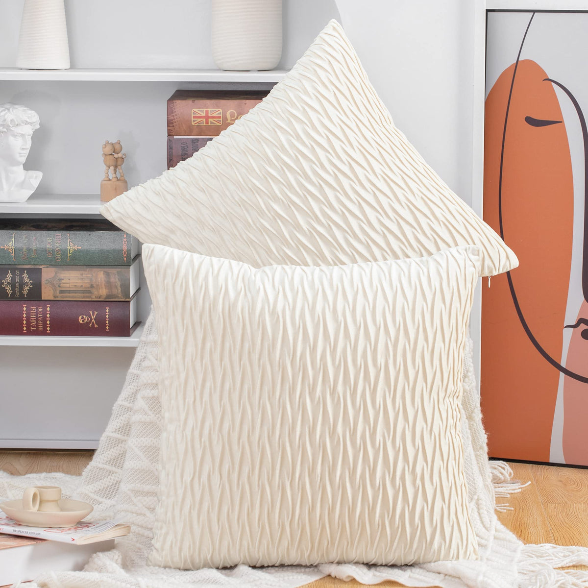 Madizz Set Of 2 Super Soft Velvet Decorative Throw Pillow Covers 14X14 Inch White Square With Texture Luxury Style Cushion Case