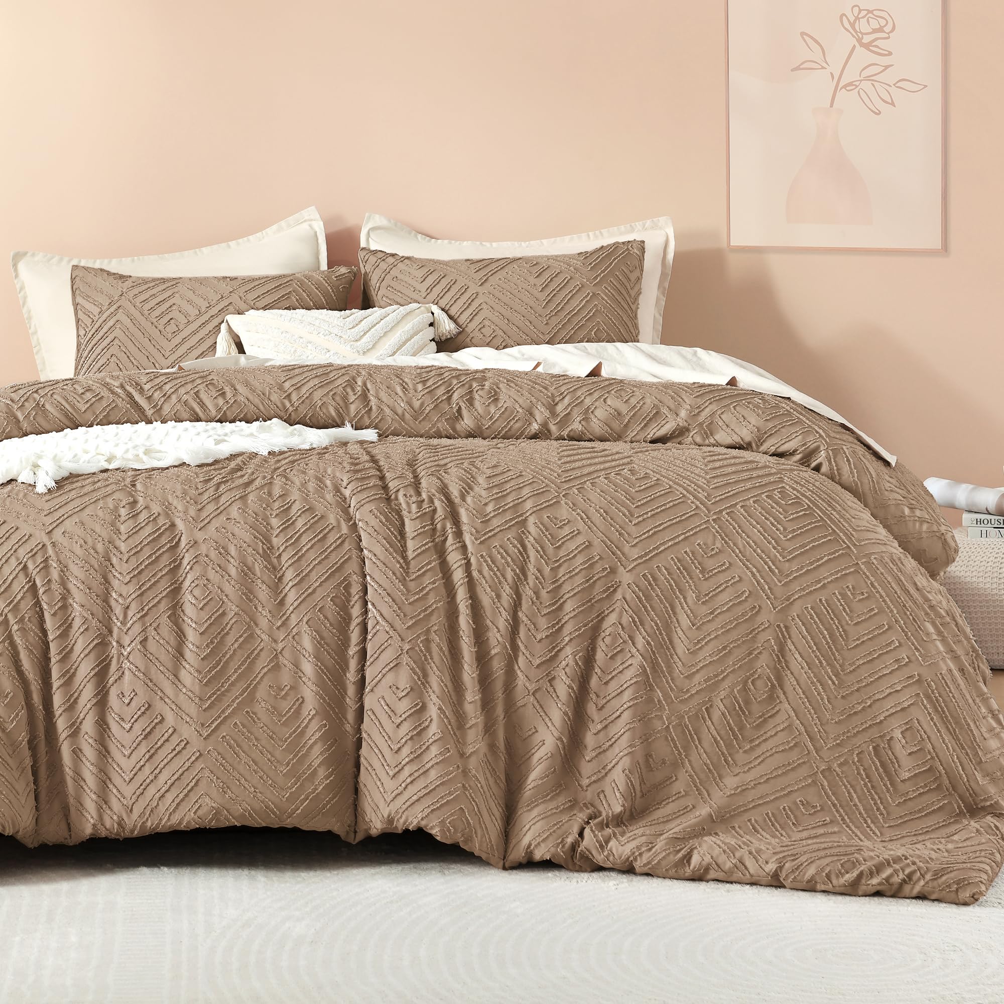 Litanika California King Comforter Set Taupe, 3 Pieces Tufted Boho Farmhouse Bedding Comforter Sets, Lightweight Fluffy Comforte