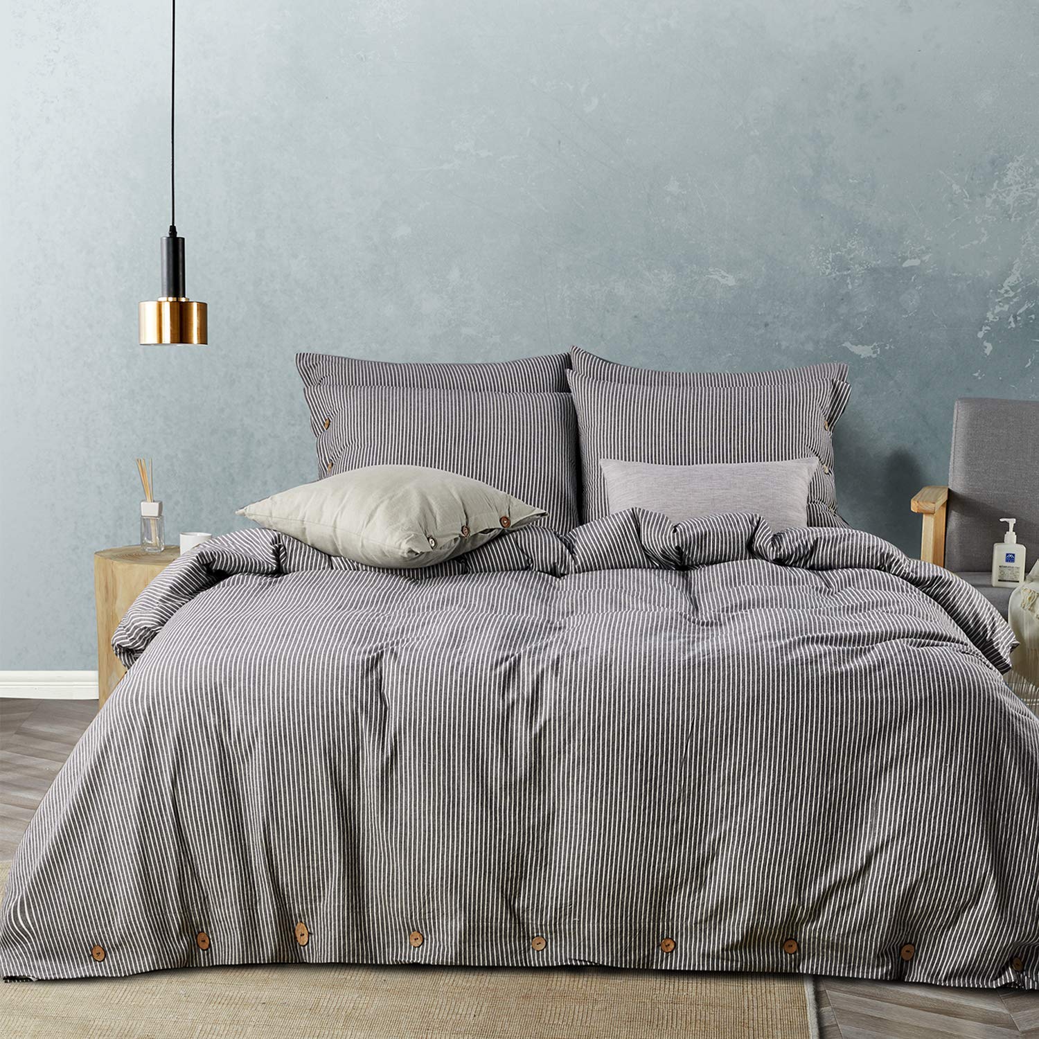 Jellymoni Pinstriped 100% Washed Cotton Linen Like Duvet Cover Set, 3 Pieces Bedding Set With Buttons Closure, Black With White