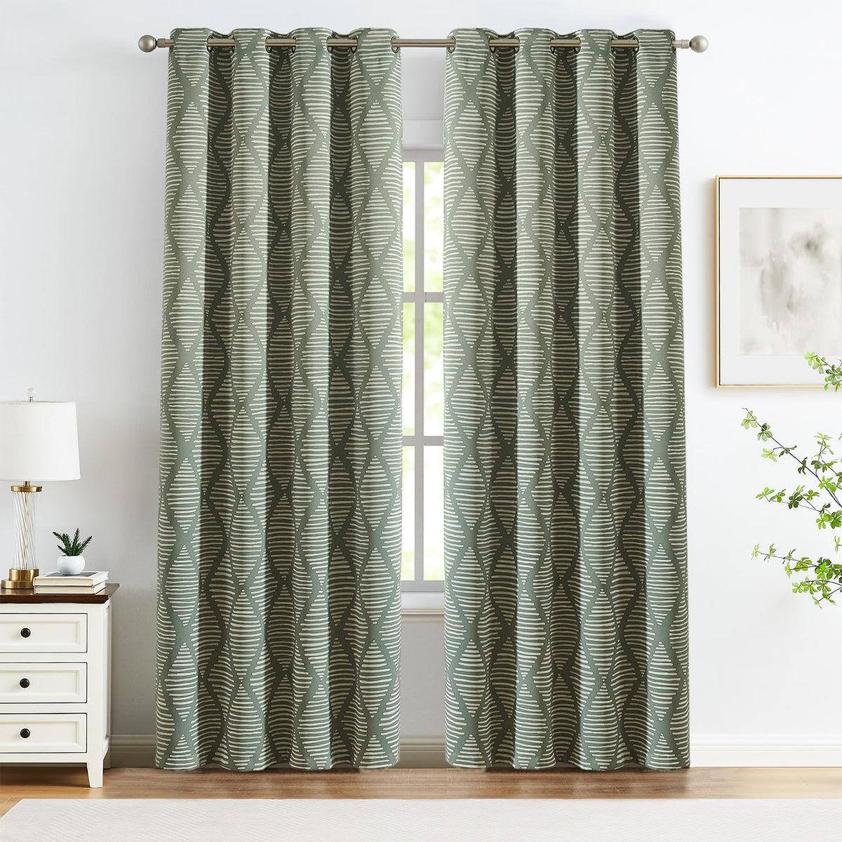 Jinchan 100% Blackout Curtains 84 Inch Length Green Geometric Printed Curtains Thermal Insulated Pattern Bedroom Curtains Modern