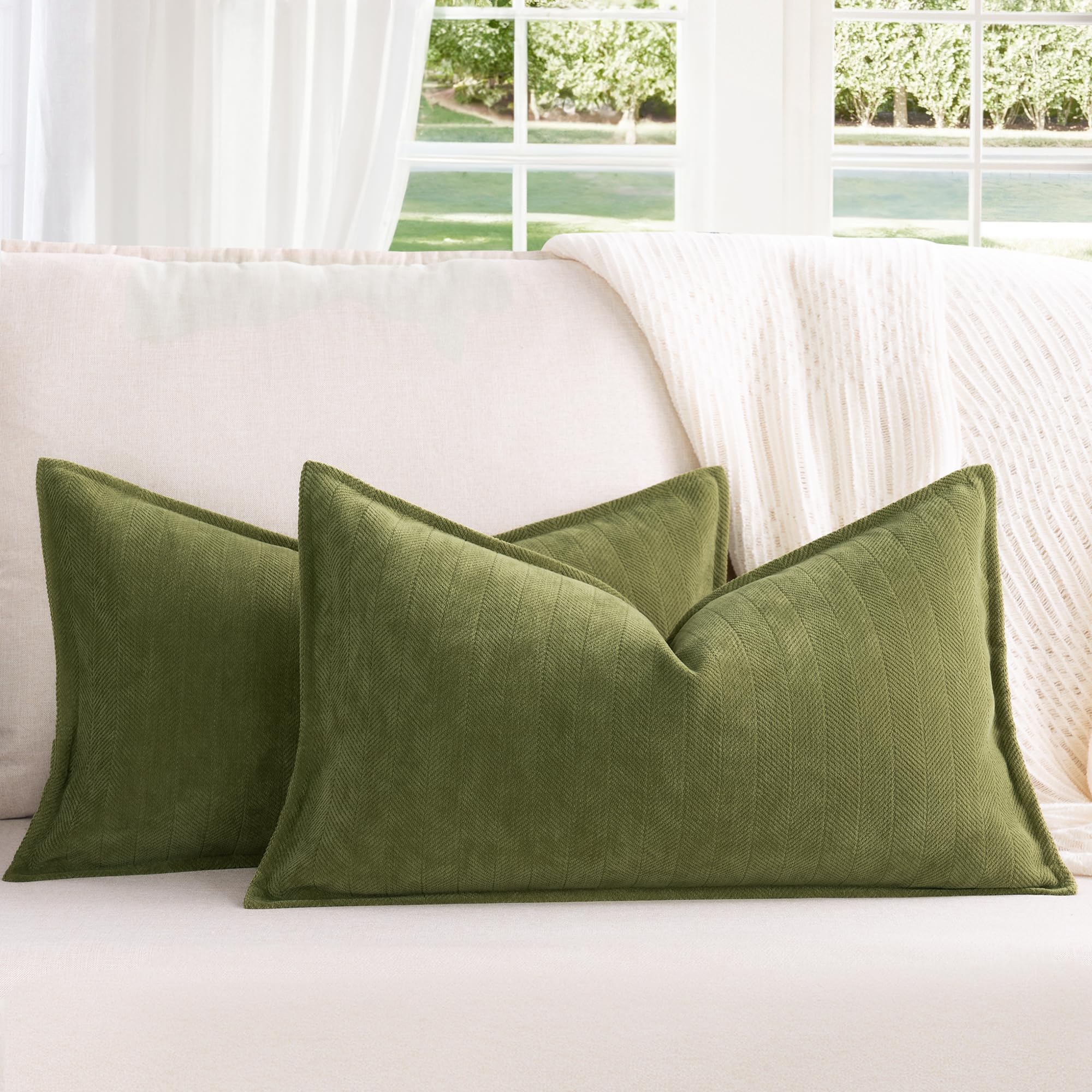 Zwjd Olive Green Pillow Covers 12X20 Set Of 2 Chenille Pillow Covers With Elegant Design Soft And Luxurious Decorative Throw Pil