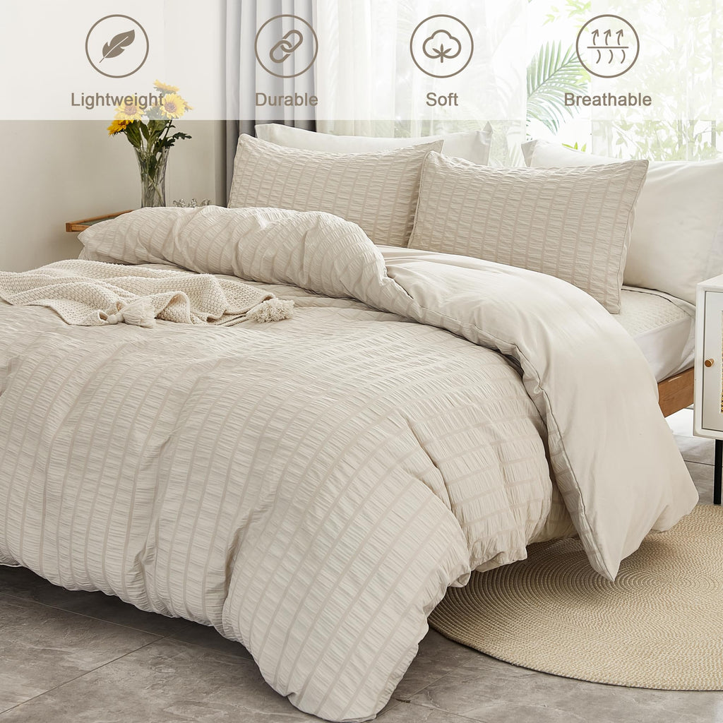 Avelom Beige Seersucker Duvet Cover Set King Size (104 X 90 Inches), 3 Pieces (1 Duvet Cover + 2 Pillow Cases), Ultra Soft Washed Microfiber, Textured Duvet Cover With Zipper Closure, Corner Ties