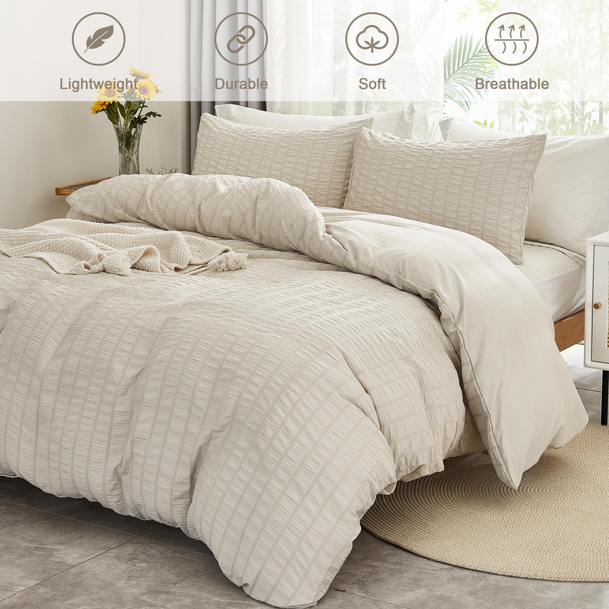 Avelom Beige Seersucker Duvet Cover Set Full Size (80 X 90 Inches), 3 Pieces (1 Duvet Cover + 2 Pillow Cases), Ultra Soft Washed Microfiber, Textured Duvet Cover With Zipper Closure, Corner Ties