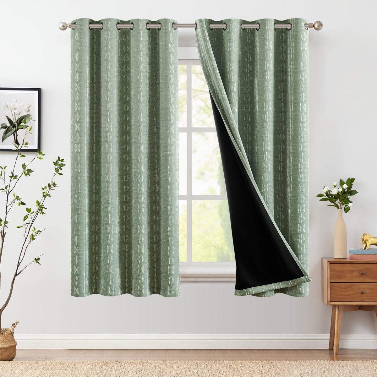 Jinchan 100% Blackout Boho Curtains 63 Inch Length For Bedroom White On Sage Green Geometric Printed Grommet Top Room Darkening