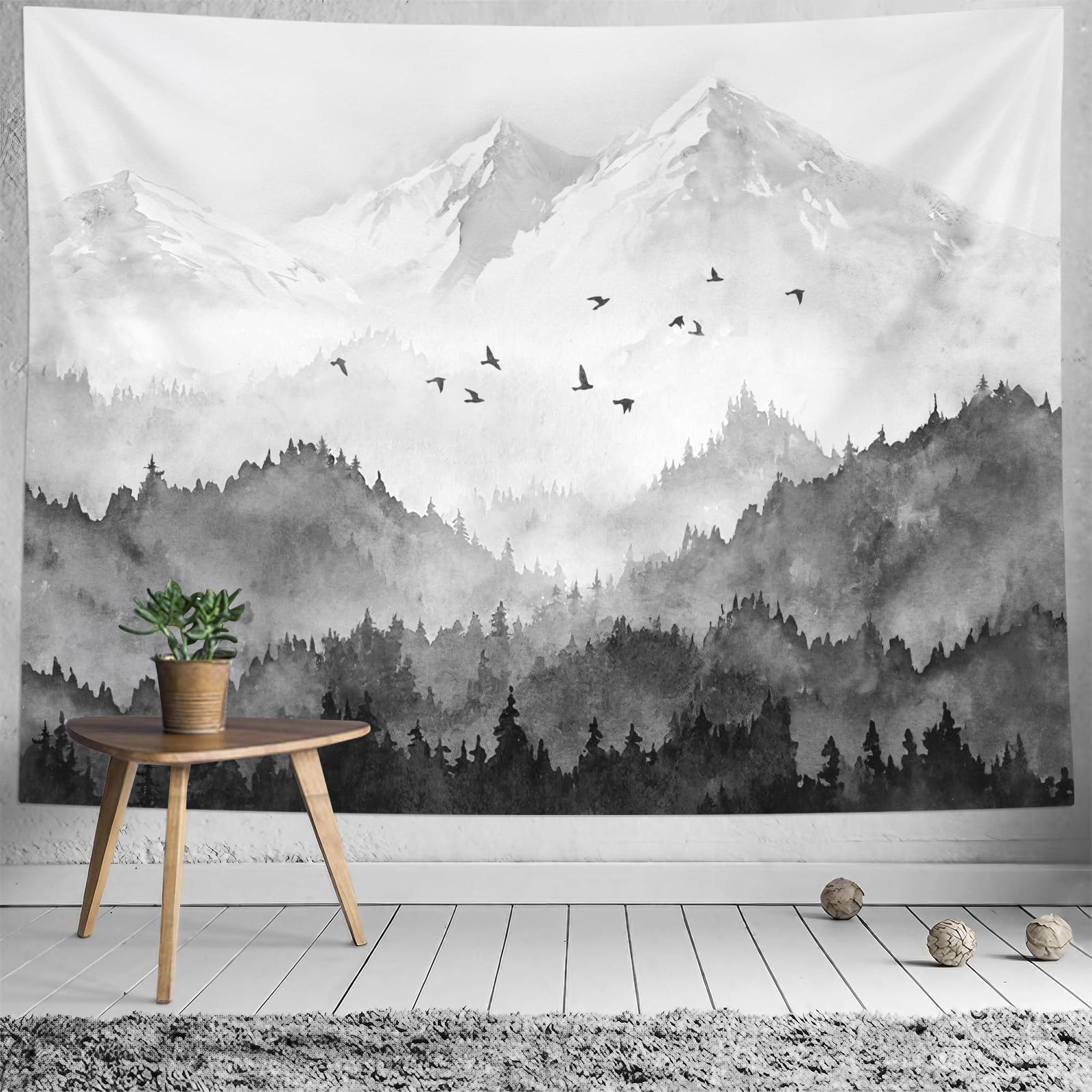 Kampdream Mountain Forest Tapestry, Misty Foggy Black And White Tree Landscape Watercolor Art Wall Tapestries, Nature Scenery Ta