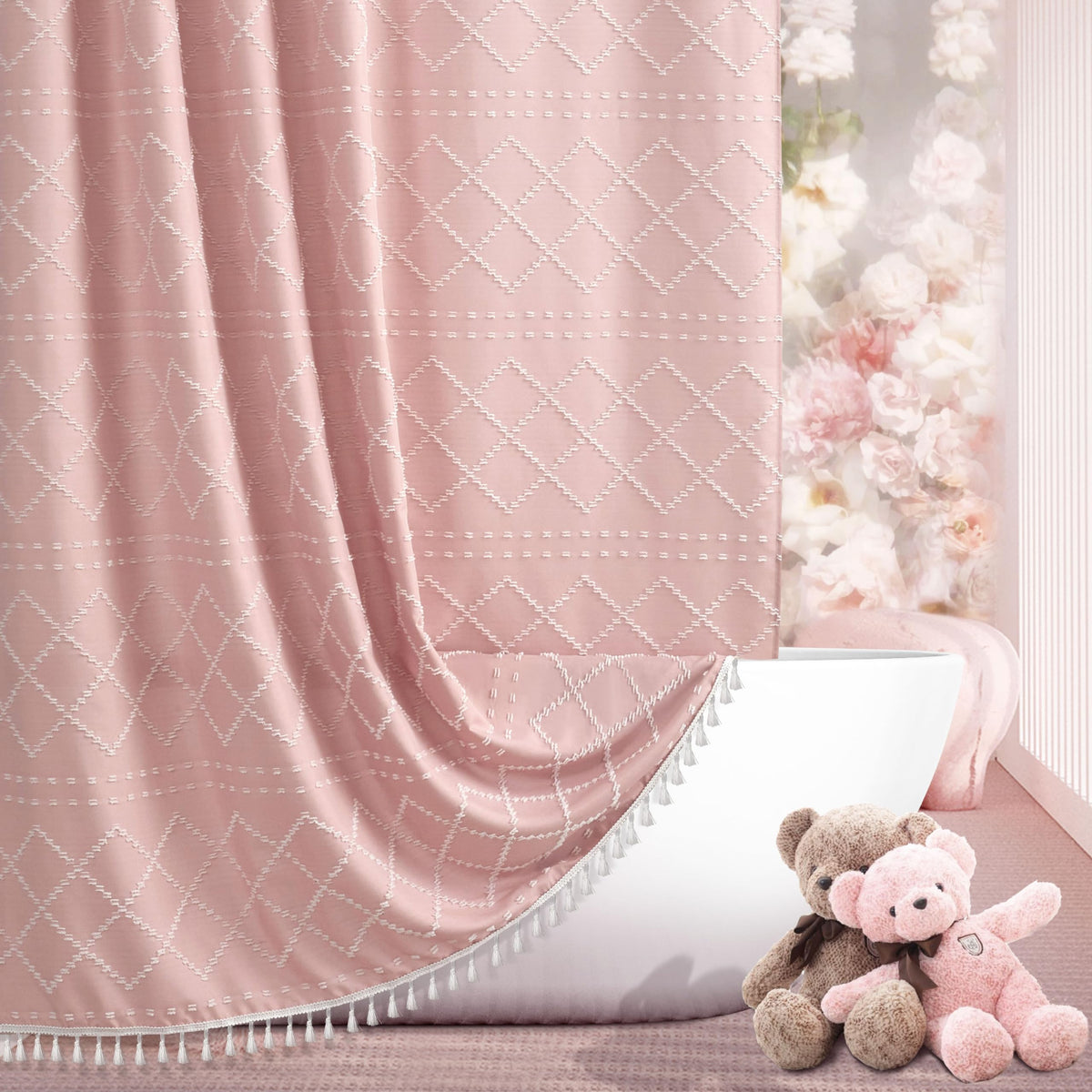 Extra Long Pink Textured Boho Shower Curtain With Tassels 72 X 78 Tufted Chevron Striped Chenille Woven Fabric Cloth Shower Curt