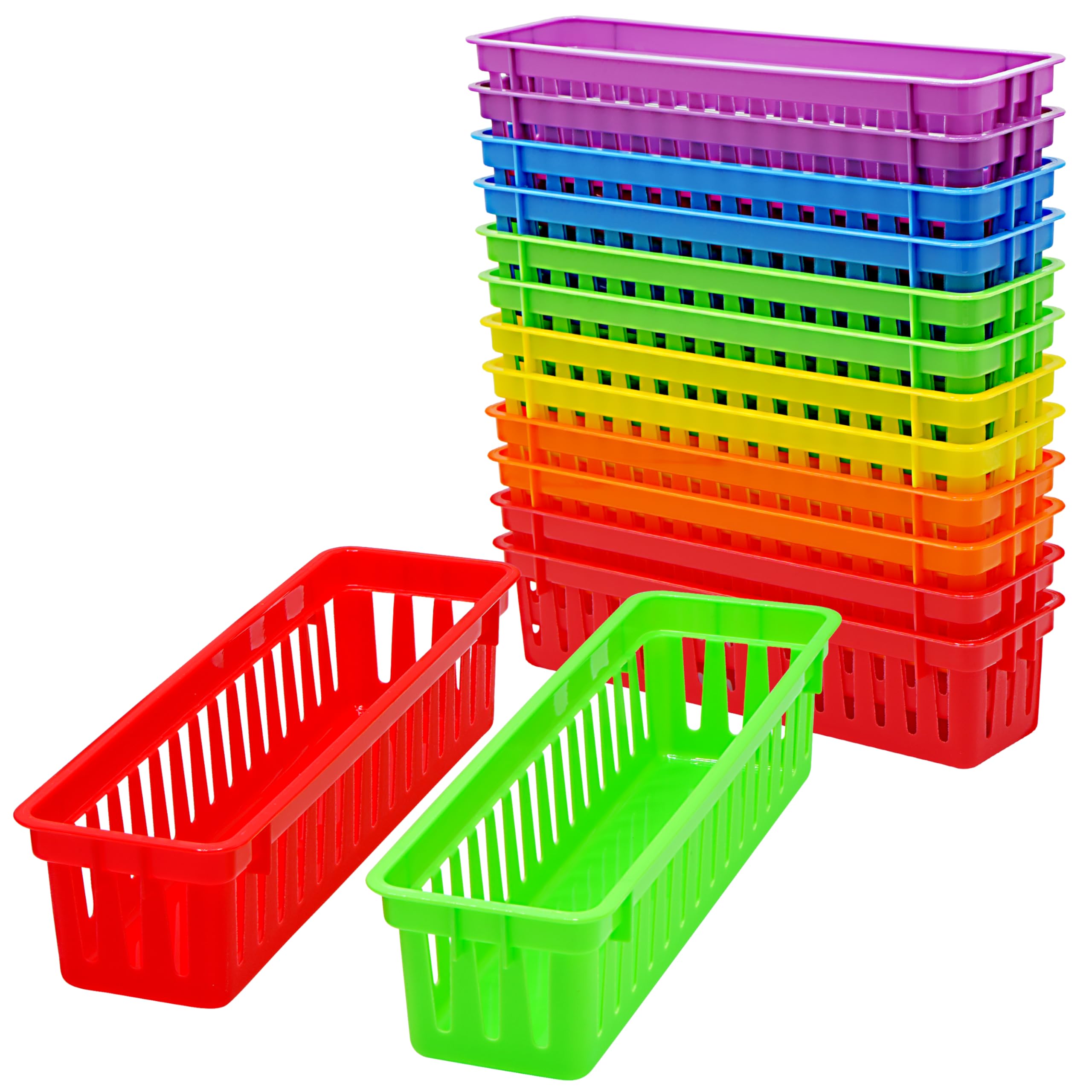 4E'S Novelty 12 Pack Pencil Holder For Kids Desk, Colorful Plastic Pen Baskets Tray For Organizing Classroom Supplies, Plastic C