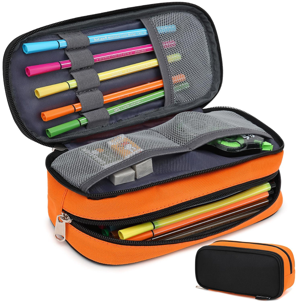 Mountain Guest Large Capacity Pencil Case Multi-Slot Pencil Pouch Durable Pencil Box Portable Office Pen Bag With Zipper (Black-