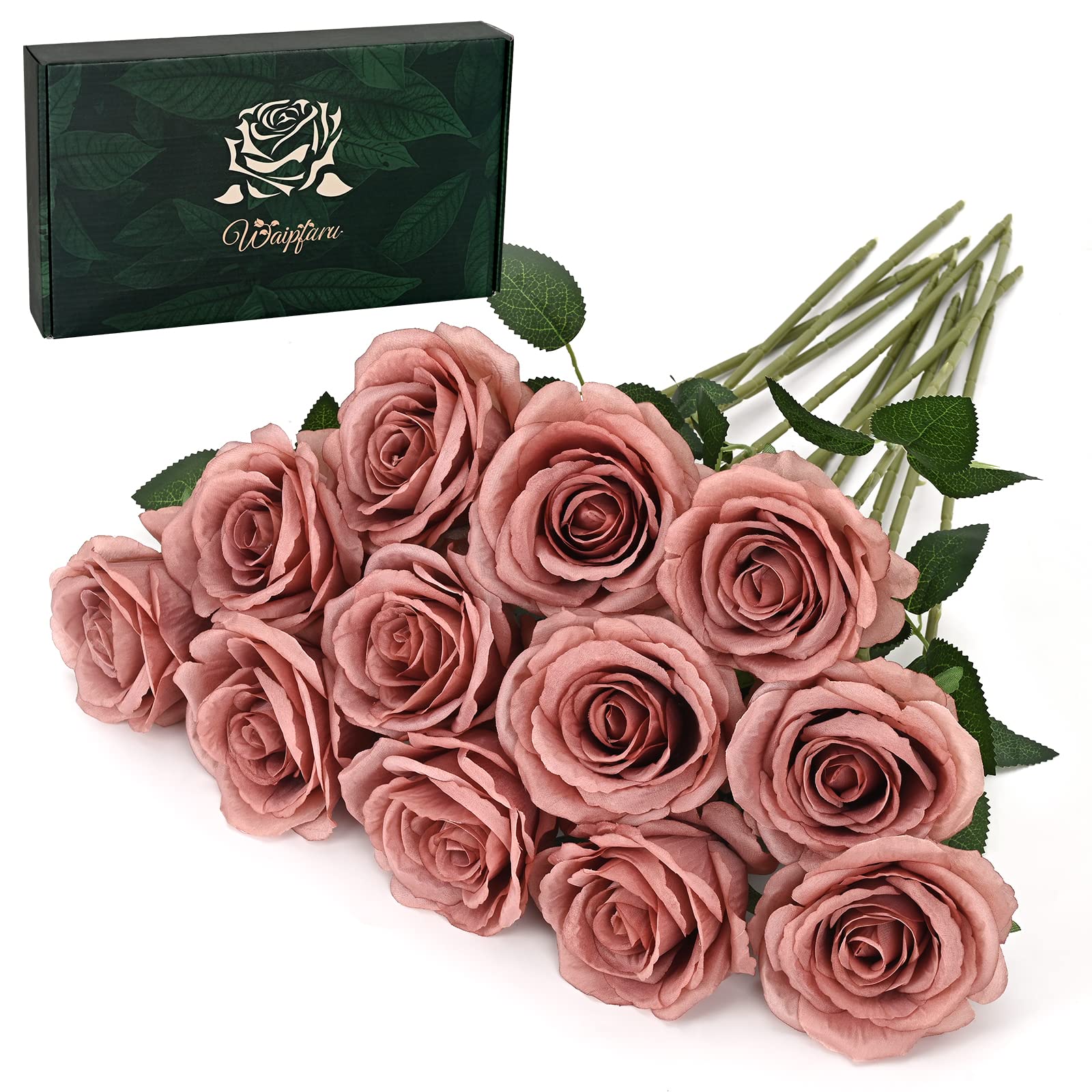 Waipfaru 12 Pcs Artificial Flowers Fake Silk Dusty Roses, Faux Real Touch Roses Bouquet with Long Stem for Wedding Party Home De