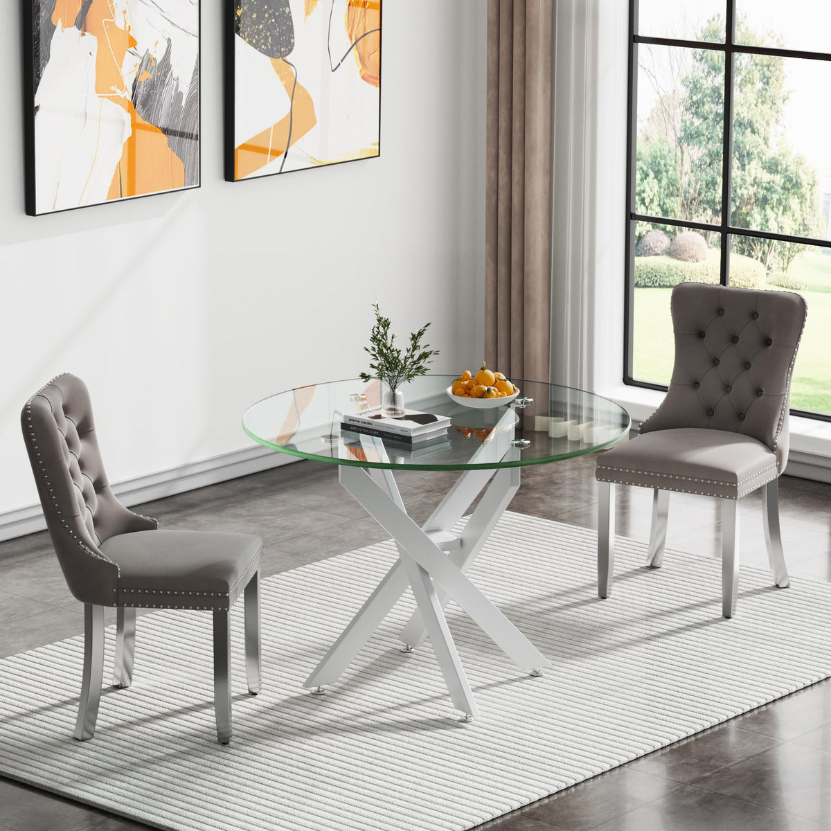 Kuvadaz 36' Modern White Glass Dining Room Table Set For 2, 3-Piece Round Kitchen Dining Table Set With Cross Metal Legs And 2