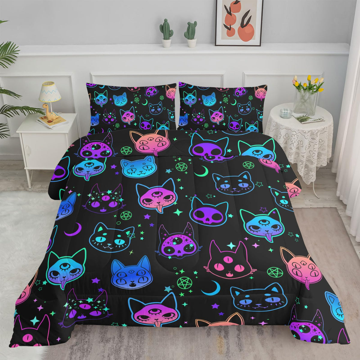 Axolotl Cat Comforter Set Twin,Kawaii Trippy Cat Moon Stars Bedding Set With 1 Comforter 2 Pillowcases For Kids Boys Girls Teens