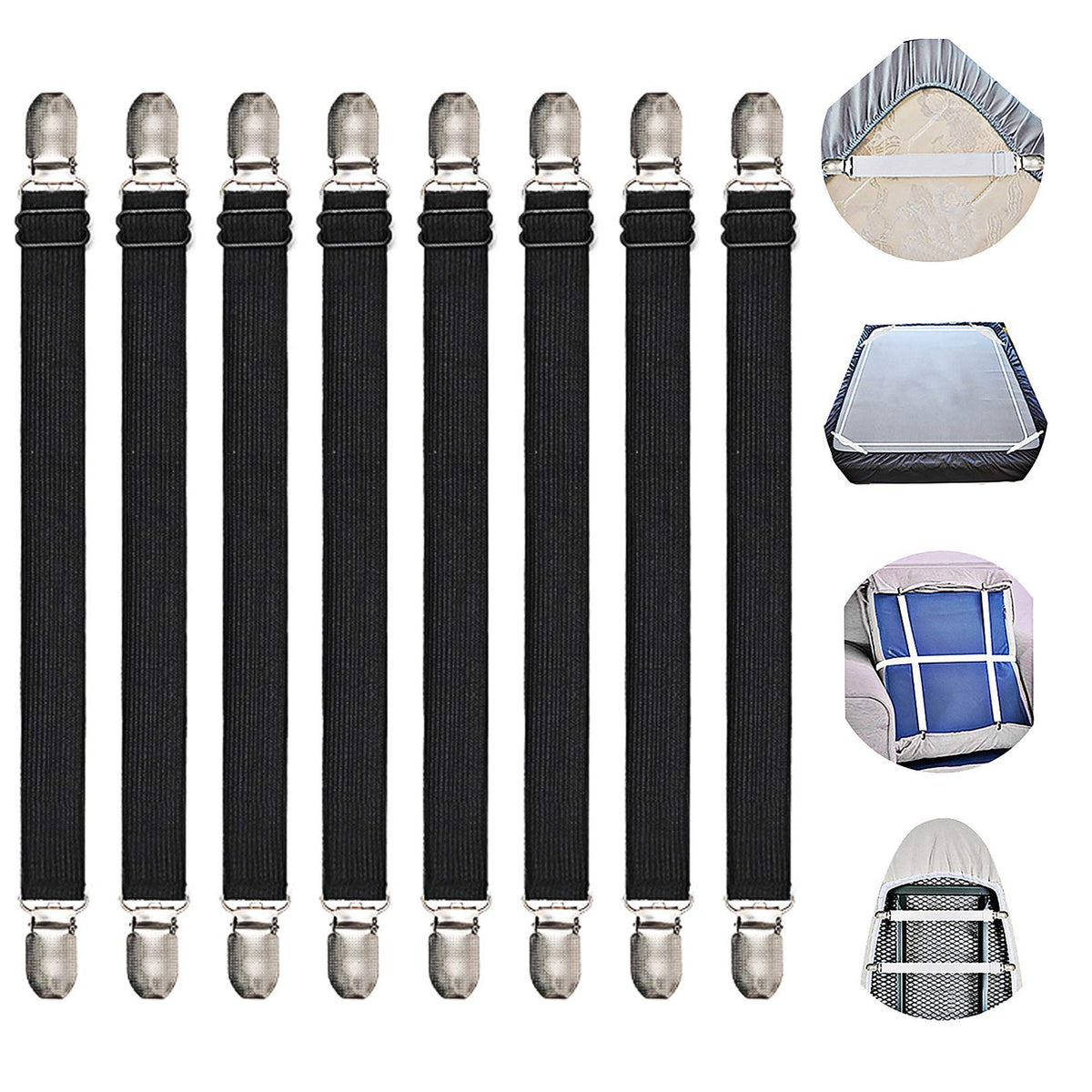 Adjustable Bed Sheet Clips, Sheet Fasteners Holder Straps And Suspender, Gripper, Extend From 21' To 80' Long Style Elastic Fa