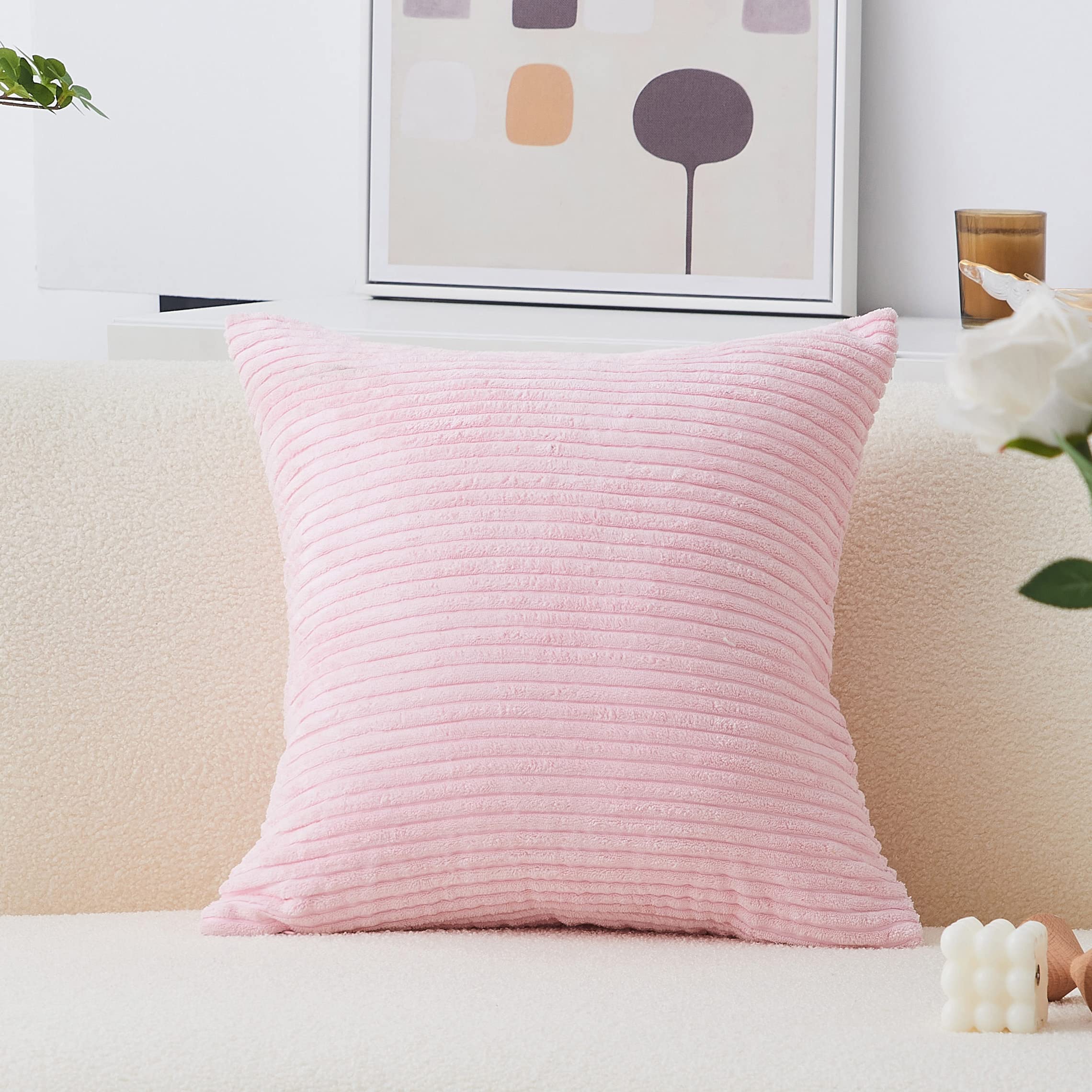 Home Brilliant Soft Square Pillow Cover Striped Corduroy Pillow Case Decorative Pink Throw Pillow Cover 20X20 For Baby Or Women'