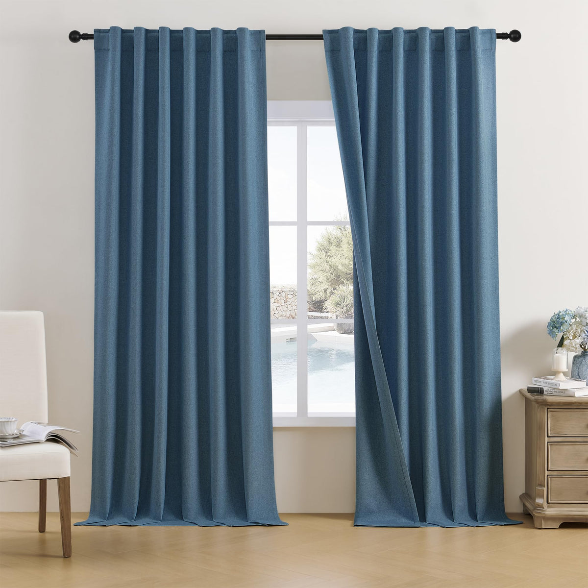 Dualife Blue Linen 100% Blackout Curtains 108 Inch Length 10Ft Hall Curtains Back Tab Rod Pocket Drapes Thermal Insulated Textur