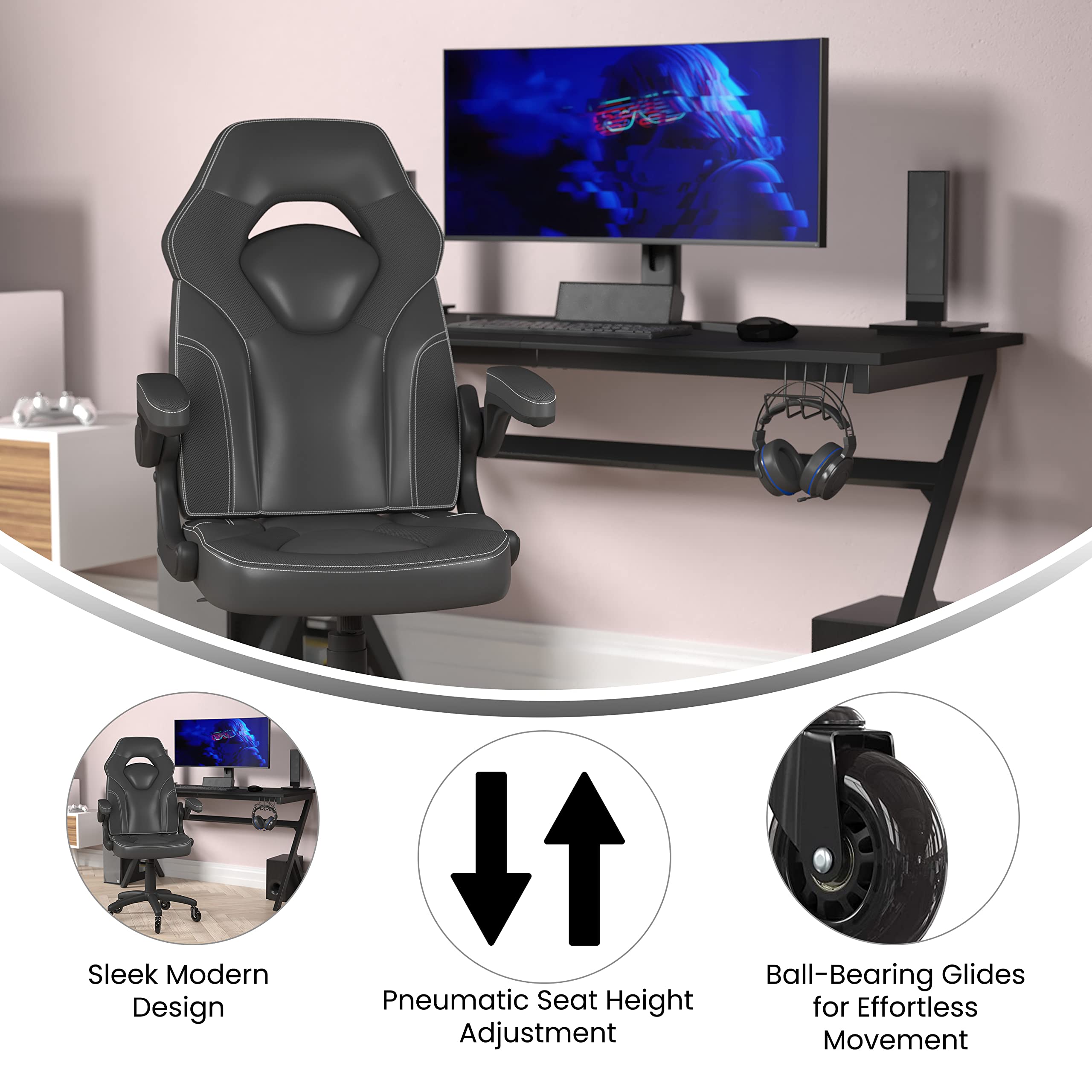 Flash Furniture X10 Gaming Chair Racing Office Computer Pc Adjustable Chair With Flip-Up Arms And Transparent Roller Wheels, Black Leathersoft