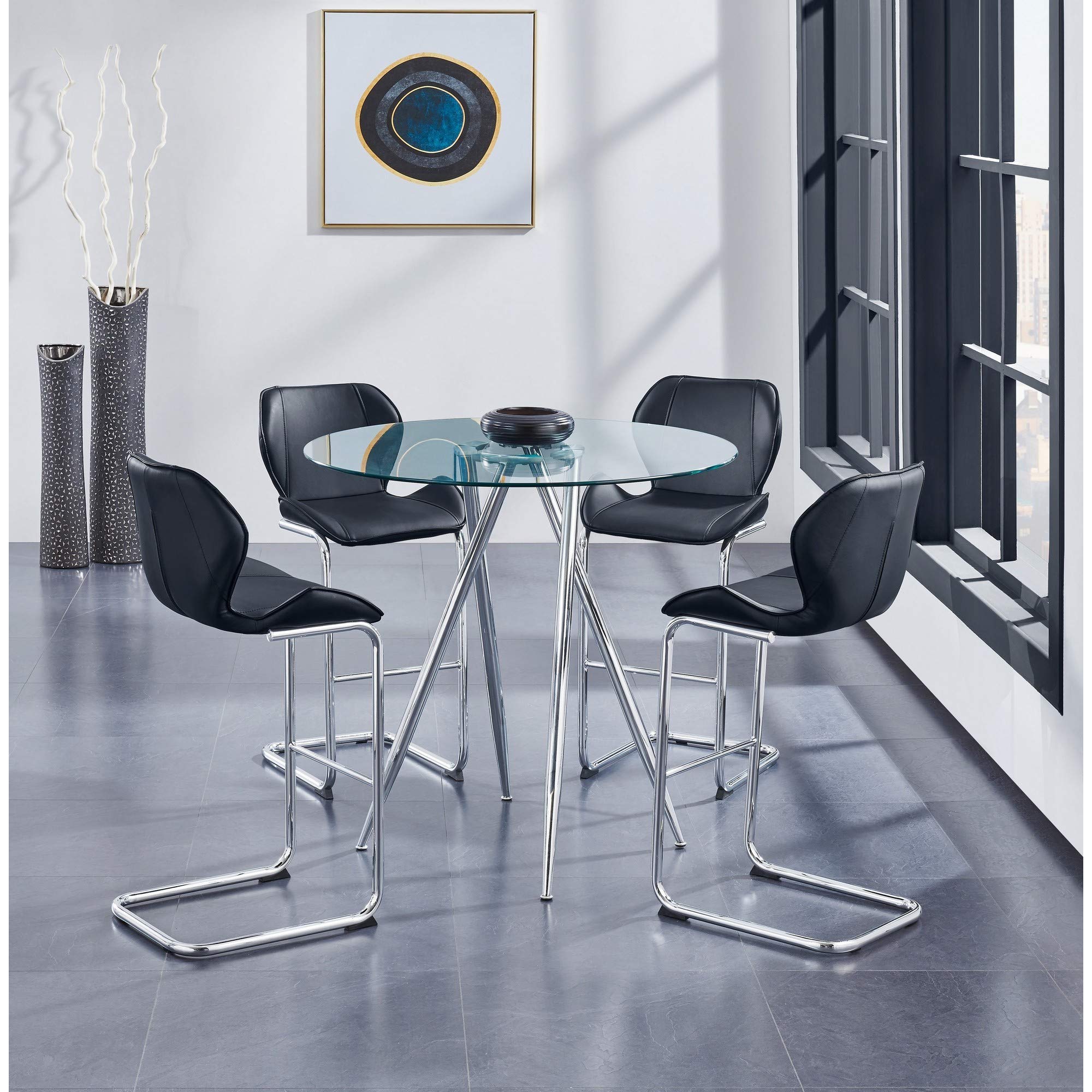HomeRoots Chrome Metal Legs Bar Table with Round Tempered Glass Top