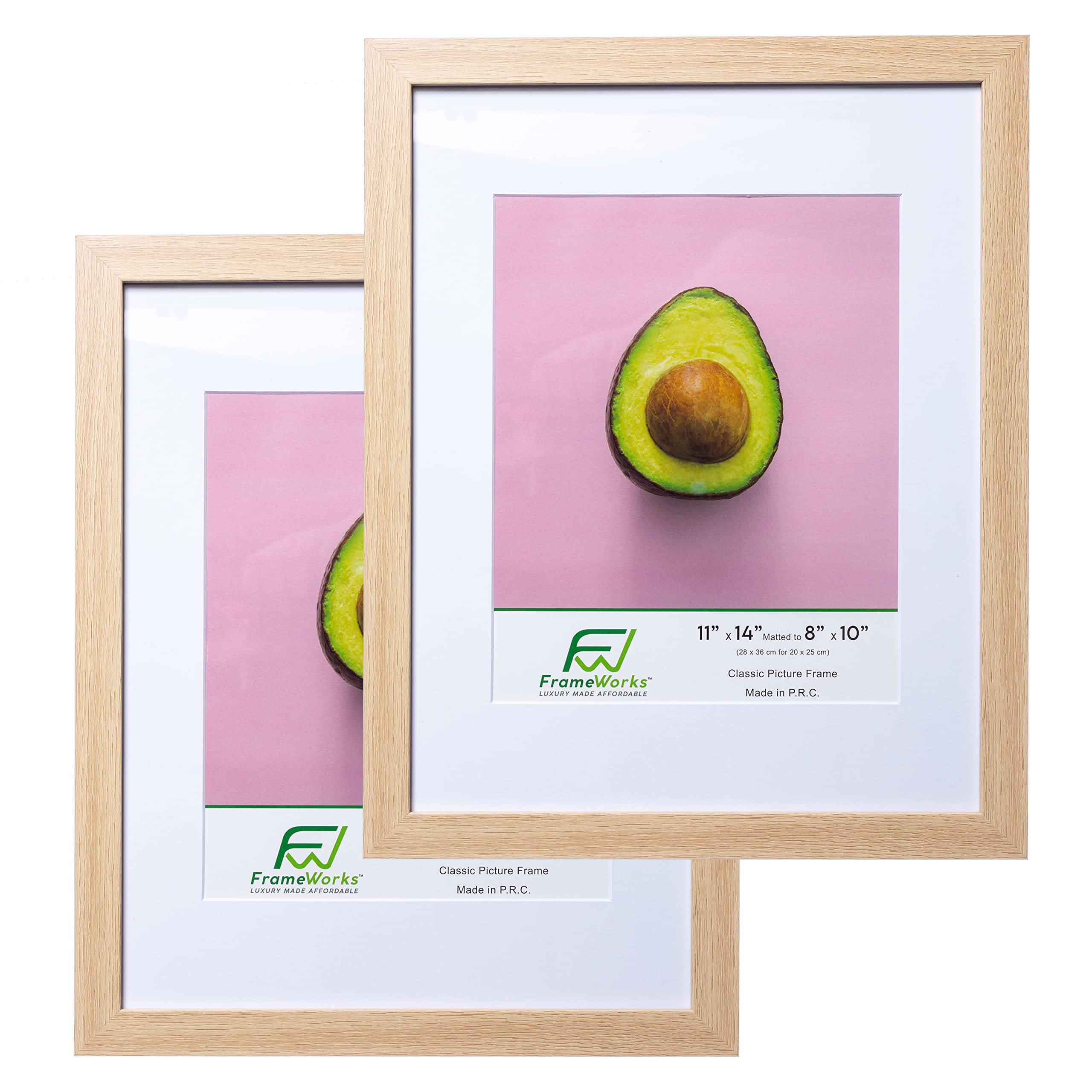 FrameWorks 2-Pack, 11x14 Matted to 8x10 Picture Frame, Natural Oak - Classic Photo Frame with Tempered Glass, Picture Frame with