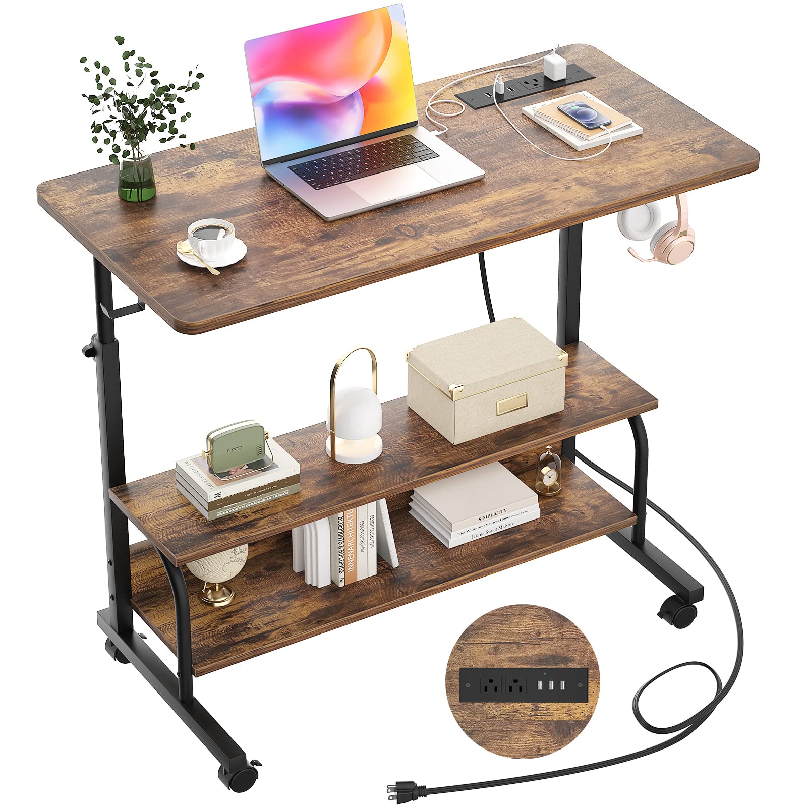 Height Adjustable Standing Desk with Power Outlets, 32'' Manual Stand Up Desk with Storage Shelves Small Mobile Rolling Computer