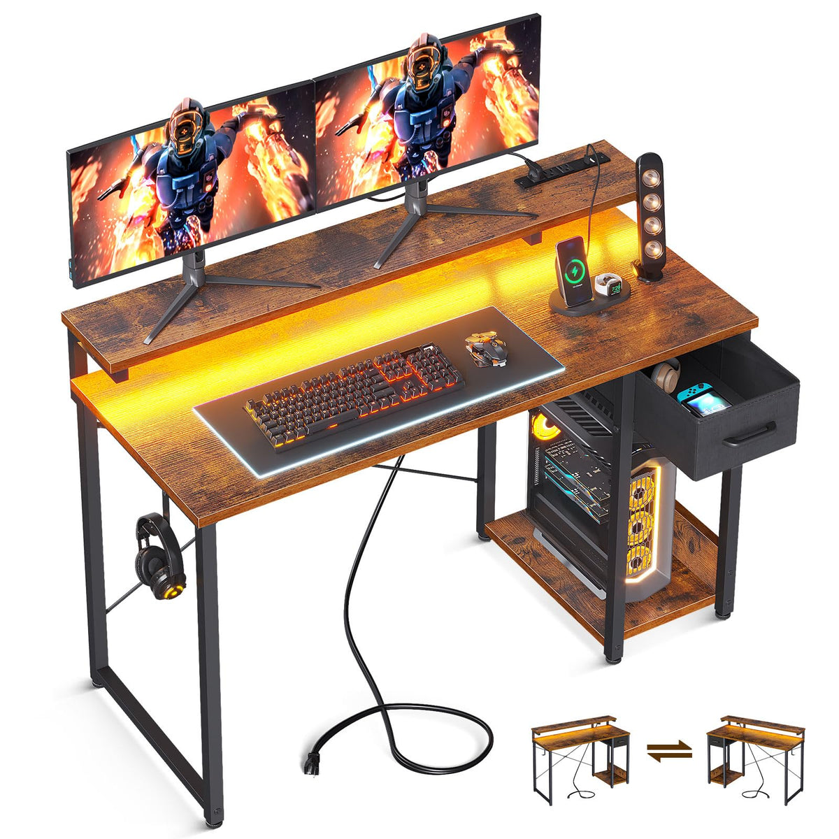 Aodk Gaming Desk With Led Lights & Power Outlet, 48 Inch Computer Desk With Drawer, Reversible Desk With Adjustable Monitor Shelf & Headphone Hook For Home Office, Rustic Brown