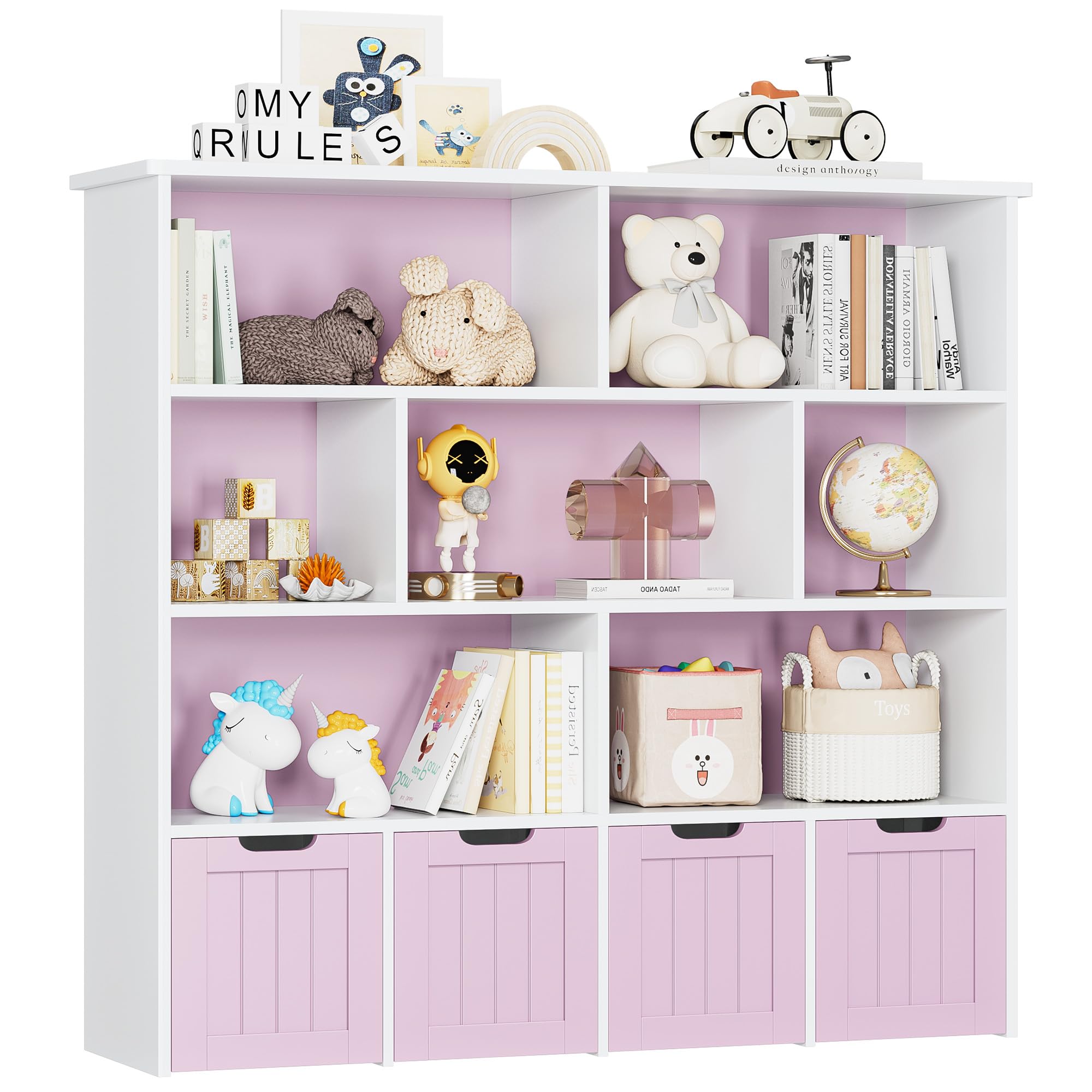 Finetones Toy Storage Organizer, Large Toy Organizers And Storage With 4 Movable Drawers And 7 Storage Cubbies, Toy Chest Shelf Organizer With Hidden Wheels, Kids Bookshelf And Toy Storage, Pink