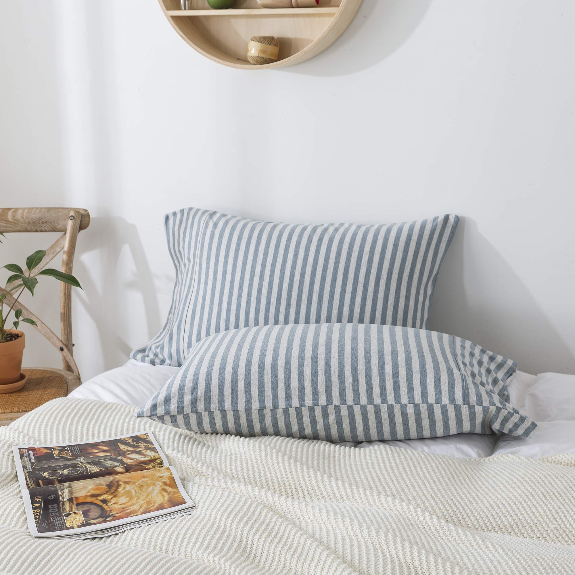 H Household Pillowcases, 100% Cotton Jersey Knit, Soft And Cozy, Wrinkle, Stain Resistant With Envelope Closure (Blue Stripe, Qu