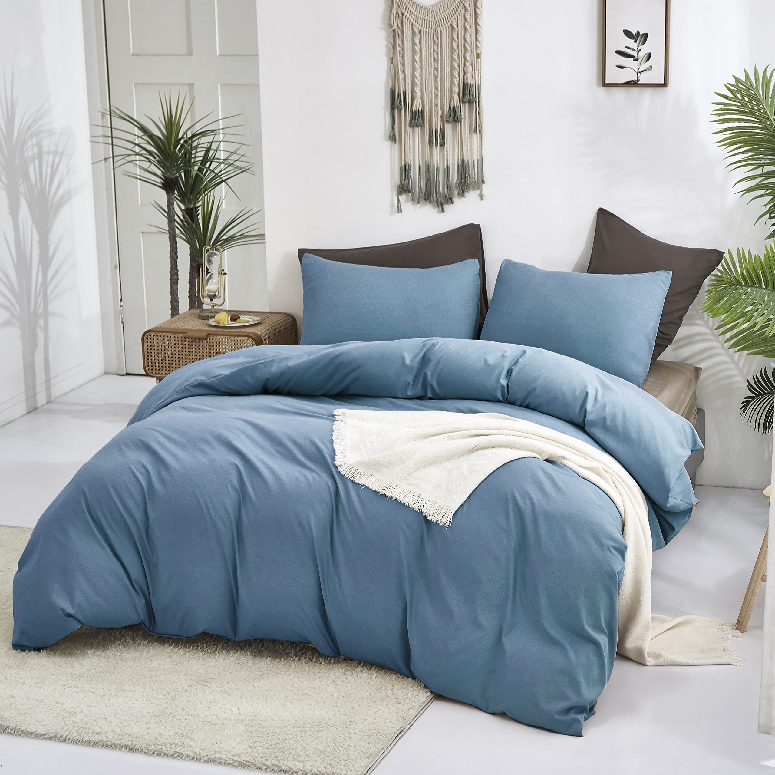 Luxlovery Blue Comforter Set Twin Men Women Solid Lake Blue Bedding Comforter Set Dark Color Quilts Blanket Cotton Soft Breathab