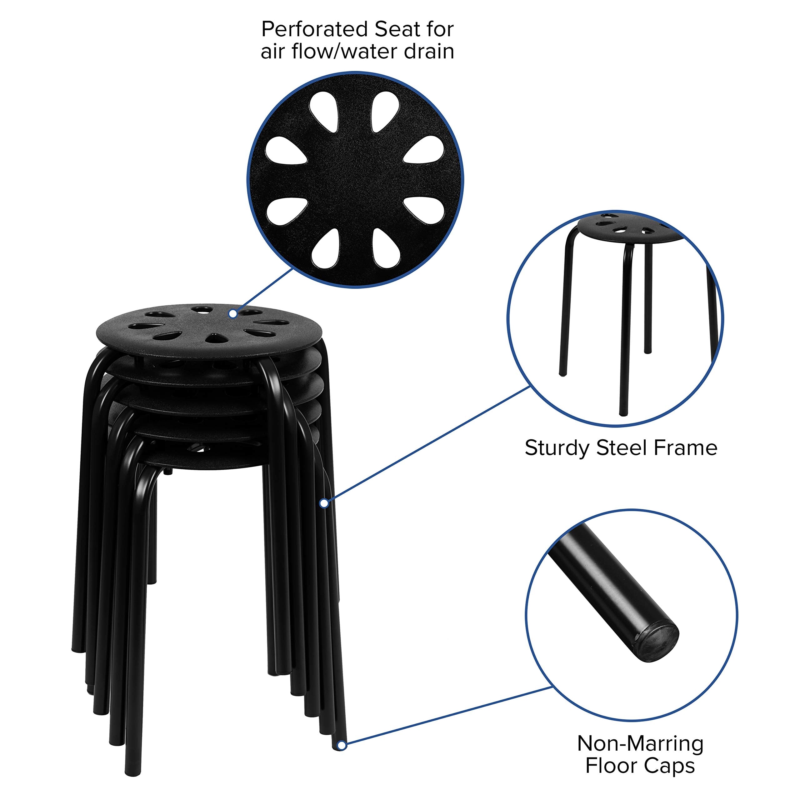 Flash Furniture Bailey Plastic Nesting Stack Stools, 17.5"Height, Black (5 Pack)
