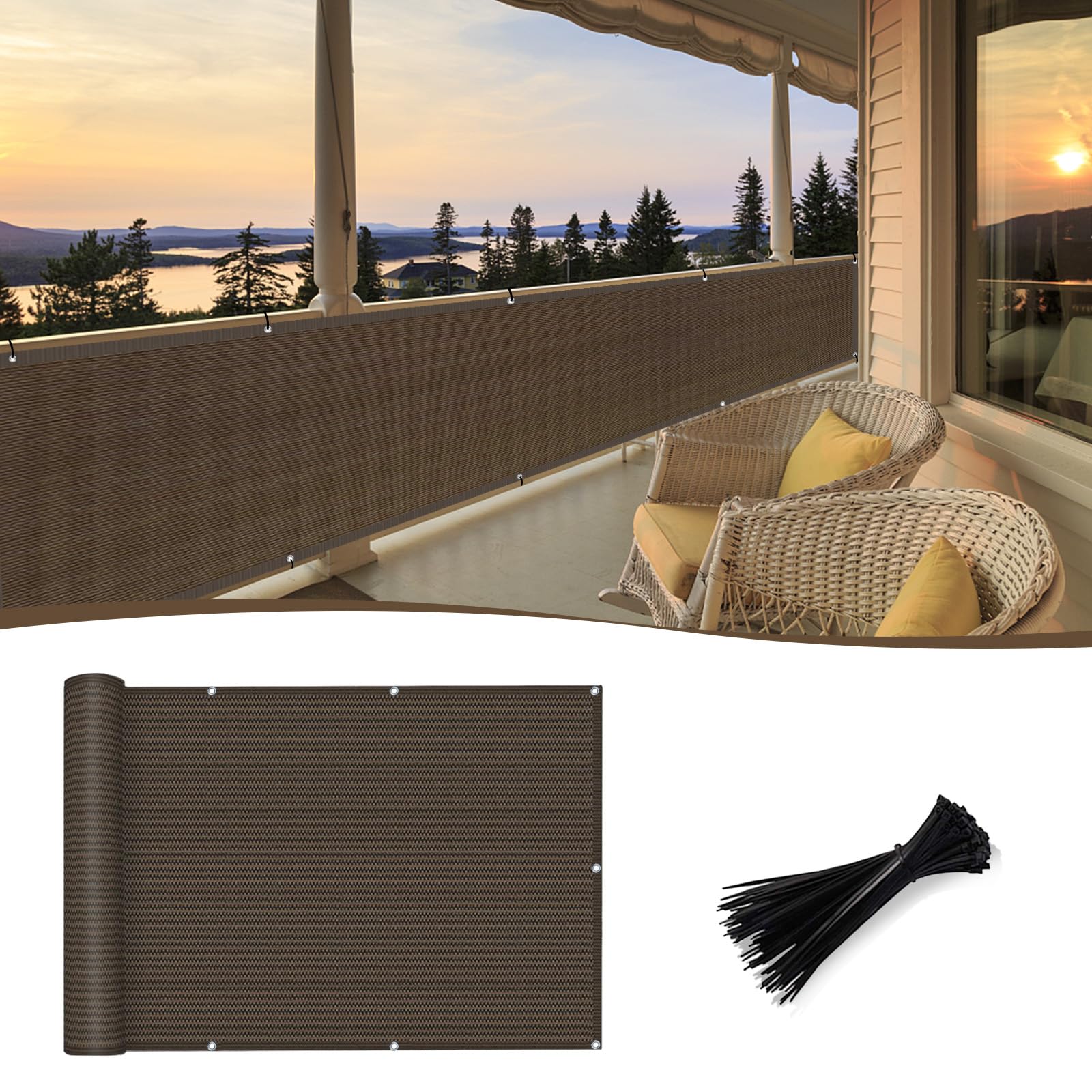 Sunny Guard 3'X10' Brown Balcony Deck Privacy Screen Fence, Apartments Railing Screen, Heavy Duty Wind Screen For Outdoor,Backya