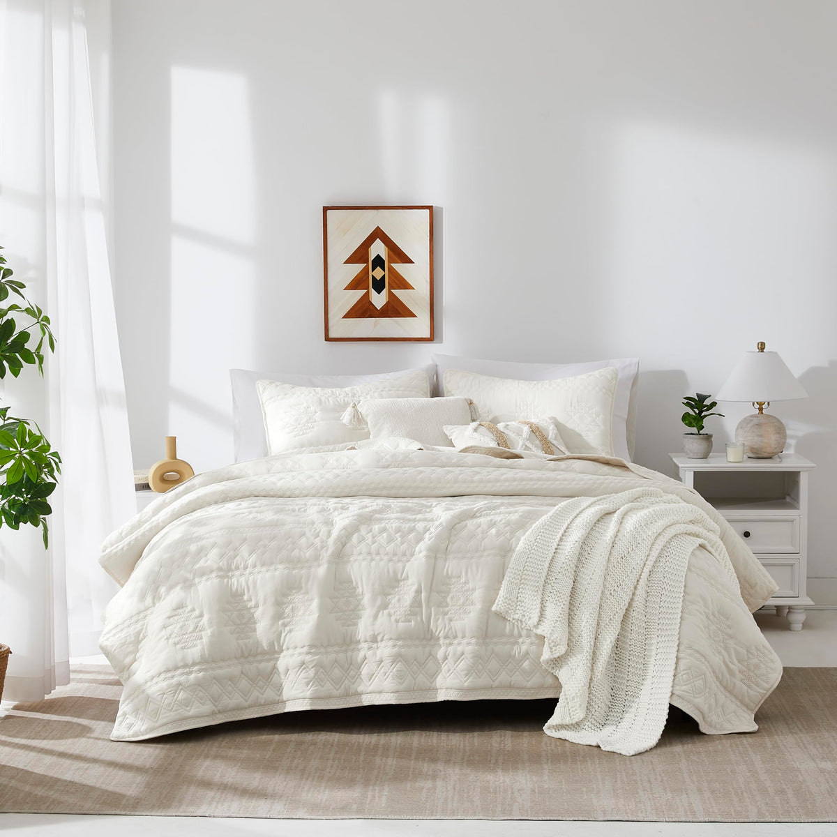 Wdcozy Boho Ivory Quilts Queen Size Bedding Sets With 2 Pillow Shams, Cream White Farmhouse Lightweight Soft Bedspread Coverlet
