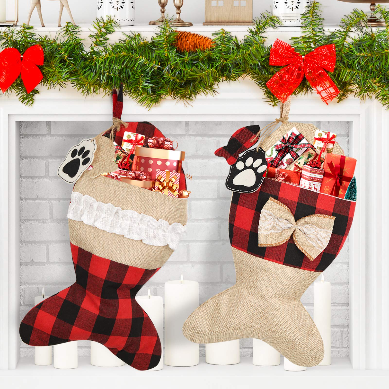 Mocoosy 2 Pack Pet Cat Christmas Stockings Personalized, 19 Inch Burlap Red Black Buffalo Plaid Xmas Stockings for Cats, Firepla
