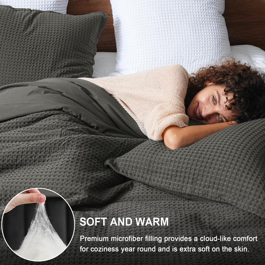 Phf 3 Pieces Waffle Weave Comforter Set King Size, Lightweight Breathable Comfy Bedding Set For All Season, Ultra Soft Textured