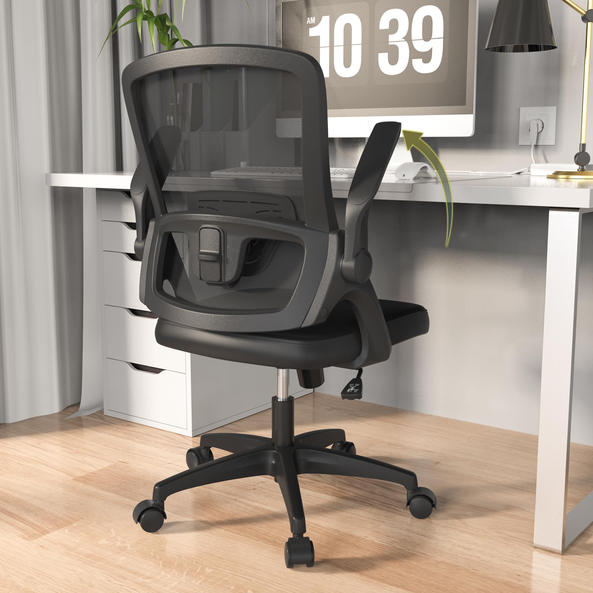 Kizeck Mesh Back Swivel Computer Office Desk Chair With Flip Up Arms And Height Adjustable Lumbar Support For Work Study