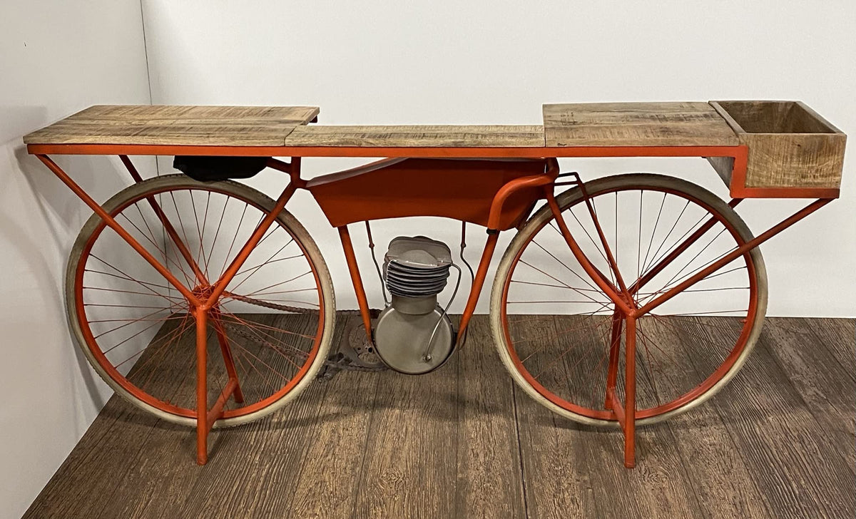 HomeRoots Mango Wood and Metal Orange Flying Merkel Motorcyle Bar Cart