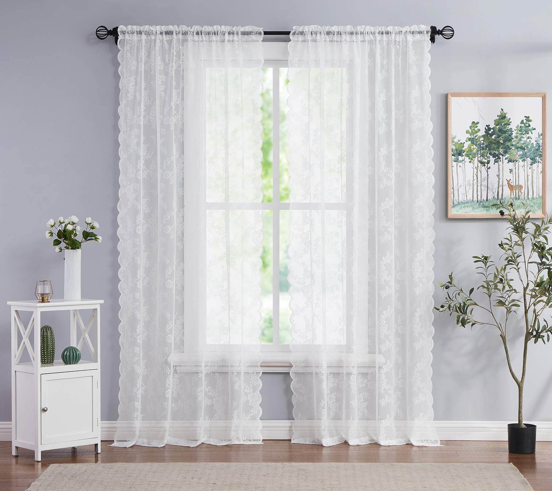 Floral White Lace Sheer Curtains For Bedroom Living Room 120' Pastoral Rose Voile Tulle Window Treatment Sets Wedding Embroider