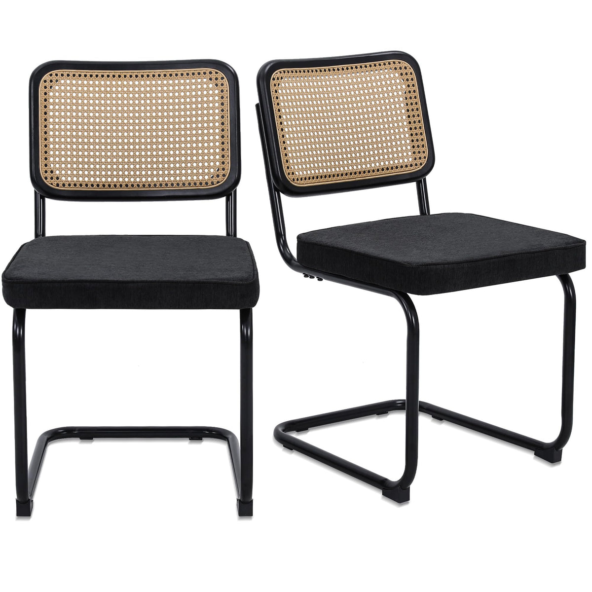 Krofem Modern Cesca Cane Dining Chairs, Set Of 2, Handwoven Rattan Cane Back, Chrome Base, Upholstered Cotton Seat, Ideal For Ki
