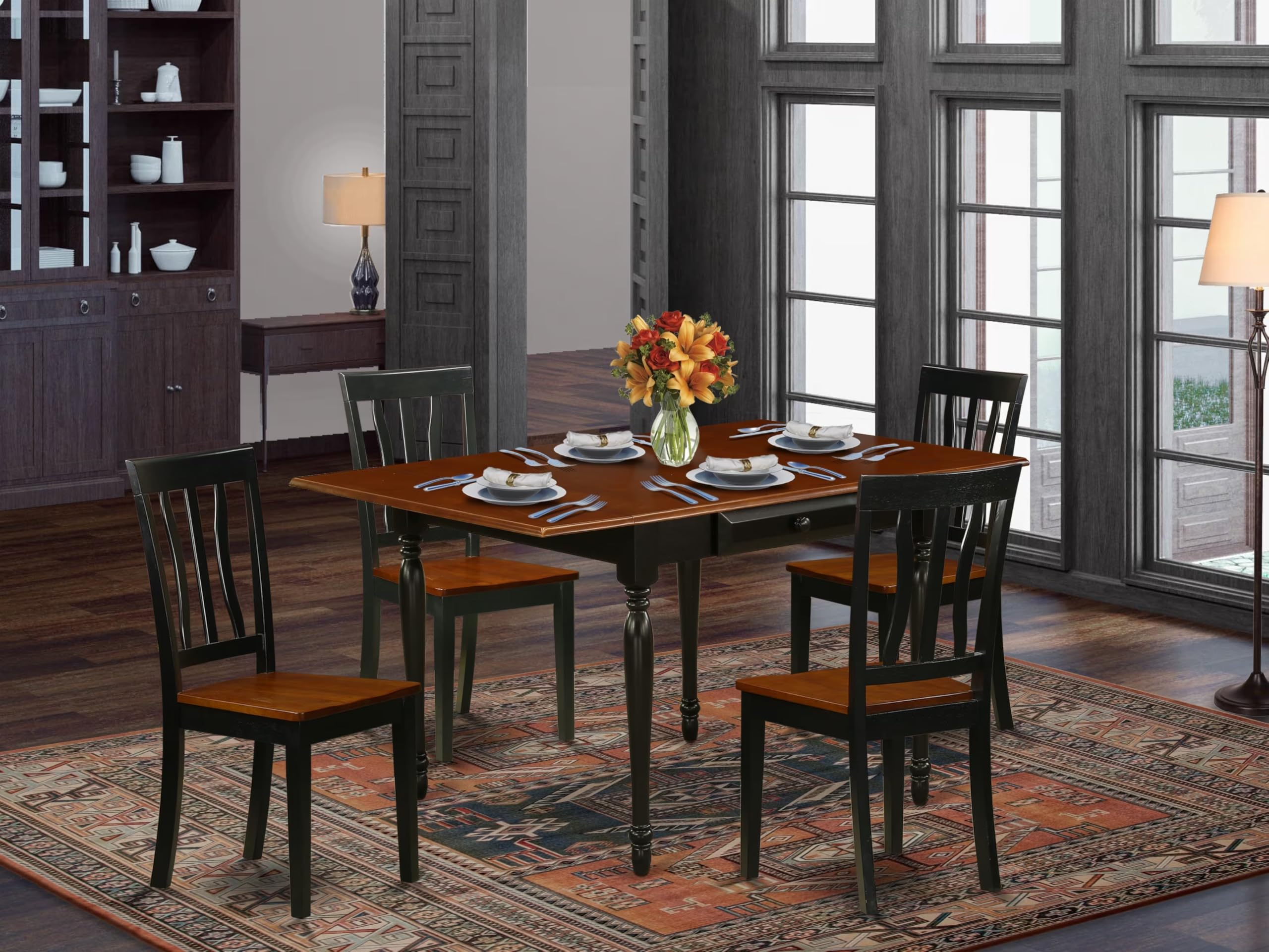 East West Furniture Mzan5-Bch-W 5 Piece Kitchen Table & Chairs Set Includes A Rectangle Dining Room Table With Dropleaf And 4 Dining Chairs, 36X54 Inch, Black & Cherry
