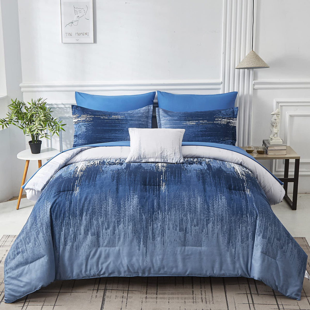 Dinjoy Ombre Blue Comforter Set Full Size Reversible Gradient Blue Grey Boho Bedding Set For Men Women 8 Pieces Bed In A Bag Boh