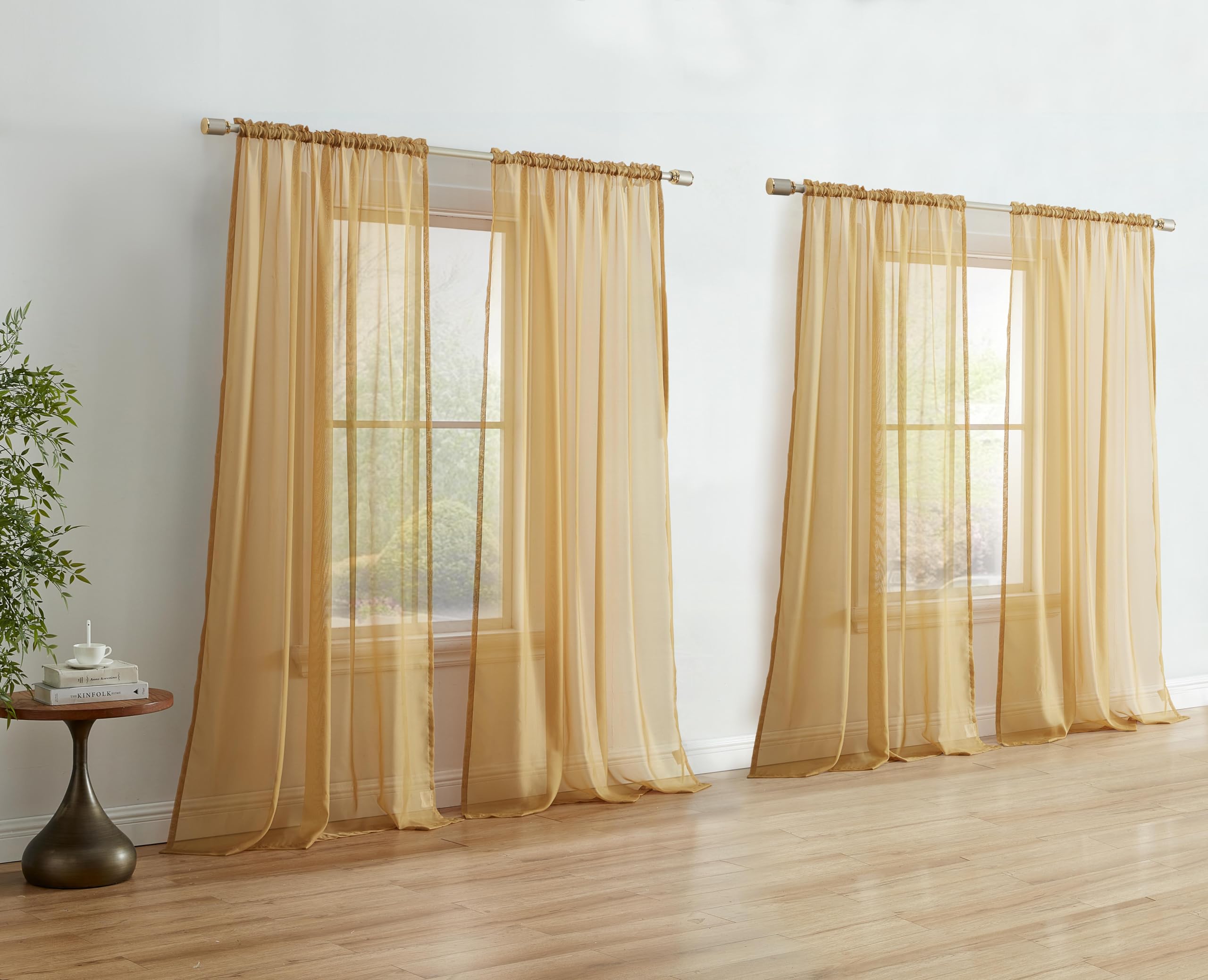 Hlc.Me Gold Sheer Curtain Panels: Sheer Voile Light Filtering Window Treatment Coverings Rod Pocket Curtain Panels For Bedroom A