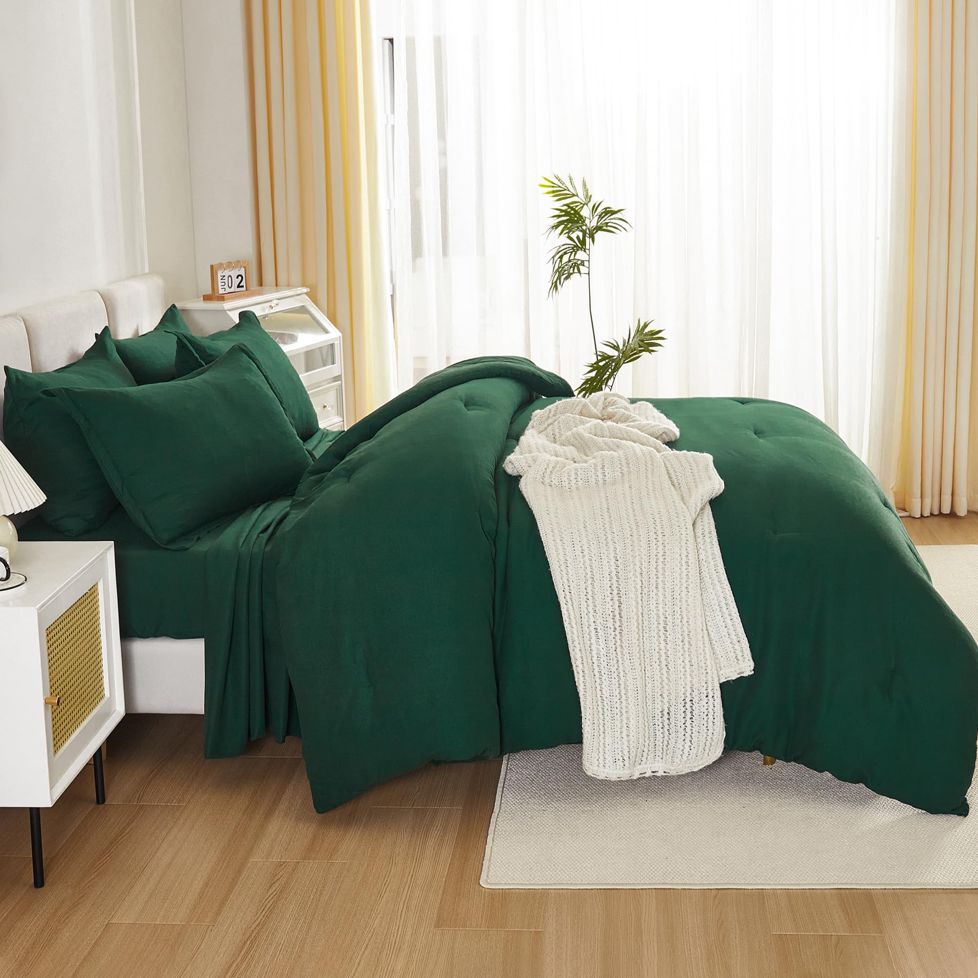 Litanika King Size Comforter Set Dark Emerald Green - 7 Pieces Bed In A Bag King Beddding Comforter Sets, Solid Lightweight Bed