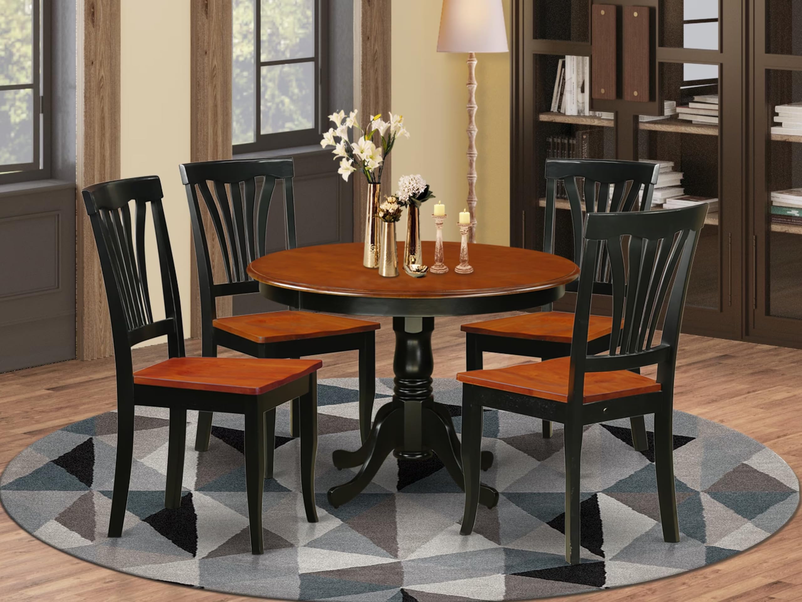 East West Furniture HLAV5-BCH-W 5 Piece Modern Dining Table Set Includes a Round Wooden Table with Pedestal and 4 Kitchen Dining Chairs, 42x42 Inch, Black & Cherry