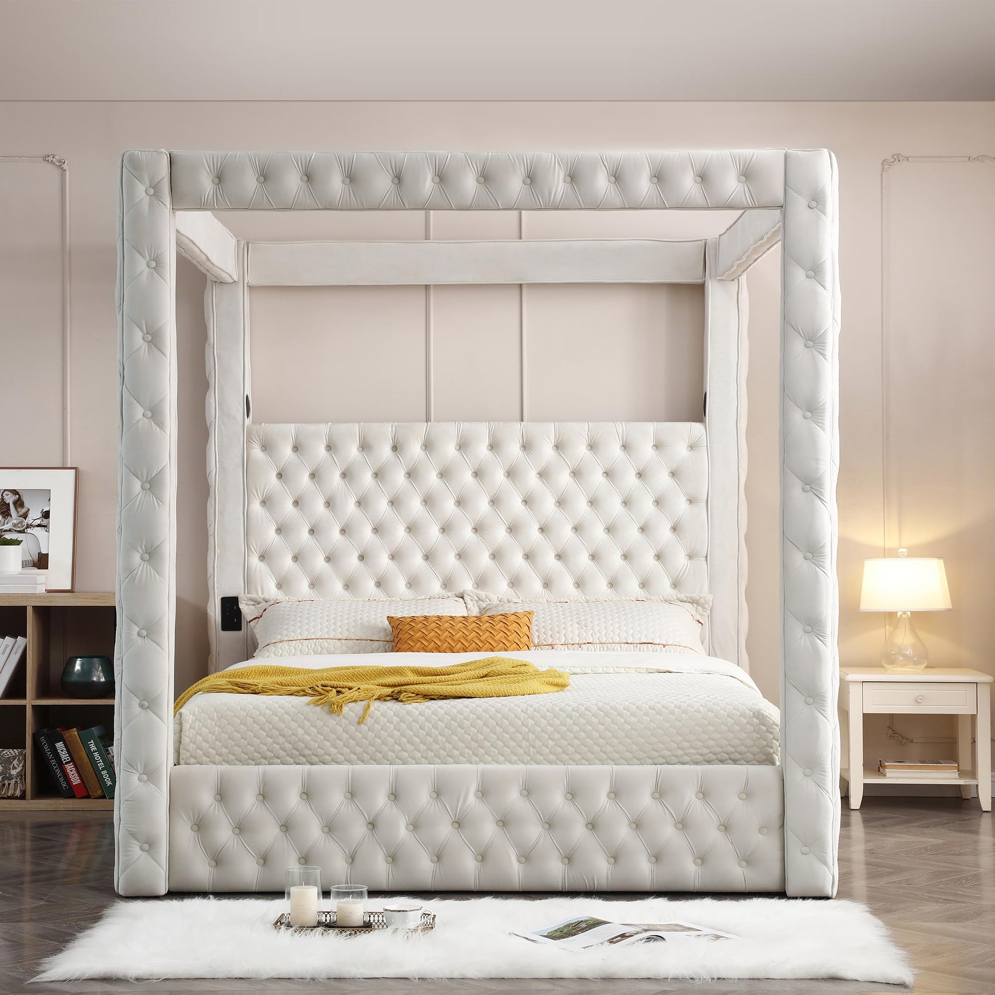 Better Home Products Dream Luxurious Velvet Canopy Bed with Speaker & USB Connection (Cream, King)?