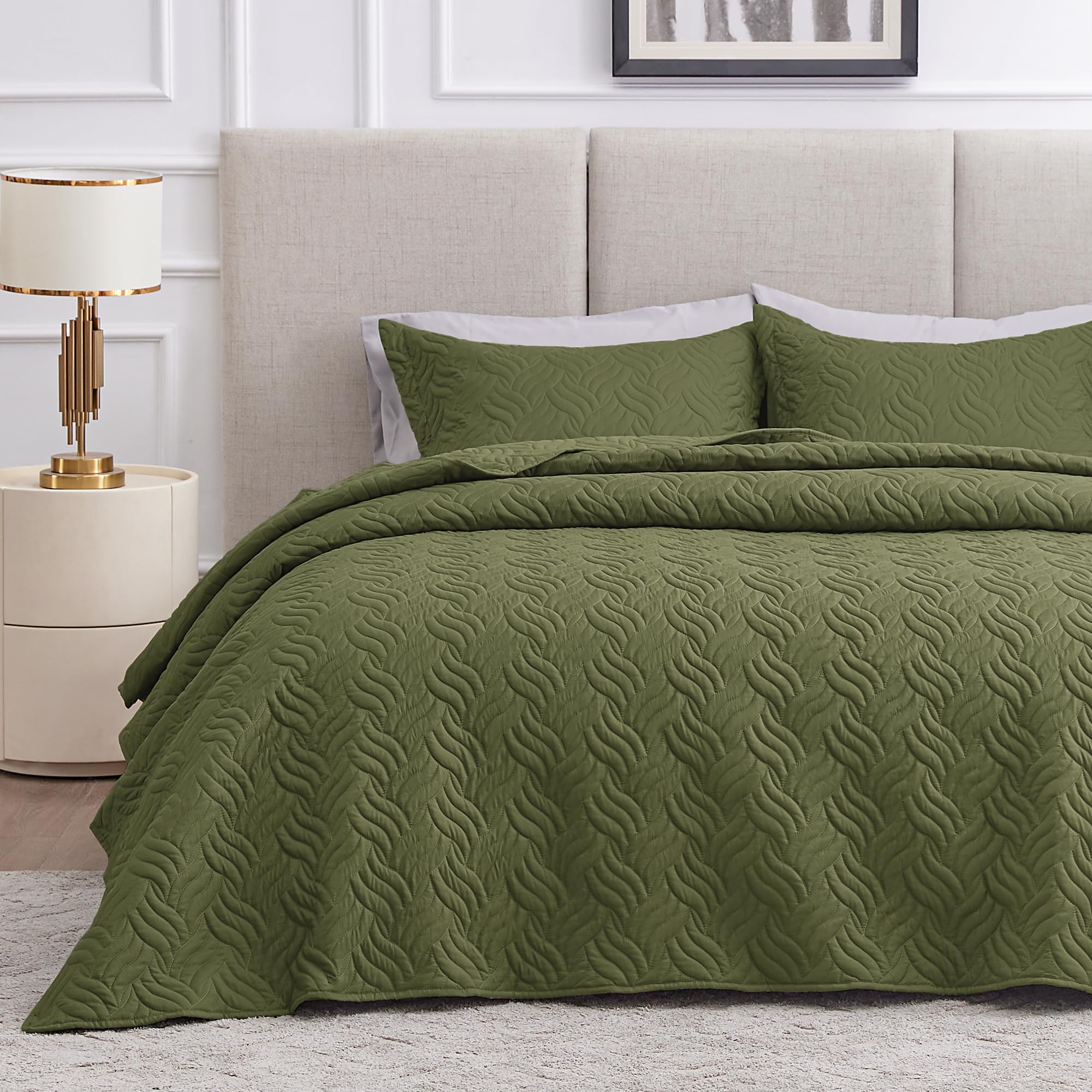 Love'S Cabin King Size Quilt Bedding Set Olive Green Bedspreads - Bed Summer Quilt Lightweight Microfiber Bedspread- Wave Patter