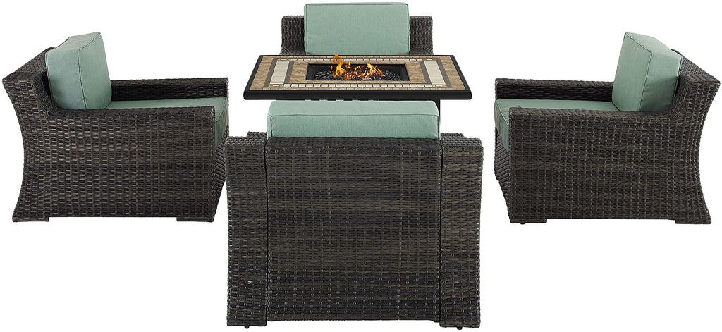 Crosley Furniture Beaufort Beaufort 5-Piece Wicker Outdoor Chair Patio Furniture Set With Propane Gas Fire Pit Table, Brown With Mist Cushions