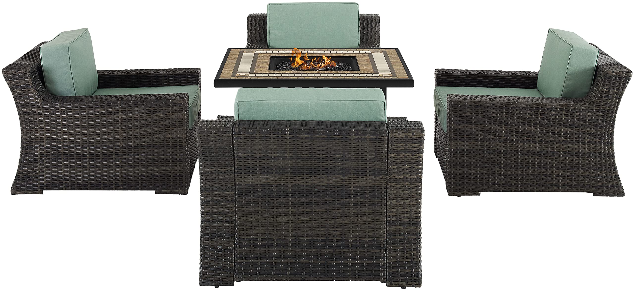 Crosley Furniture Beaufort Beaufort 5-Piece Wicker Outdoor Chair Patio Furniture Set With Propane Gas Fire Pit Table, Brown With Mist Cushions