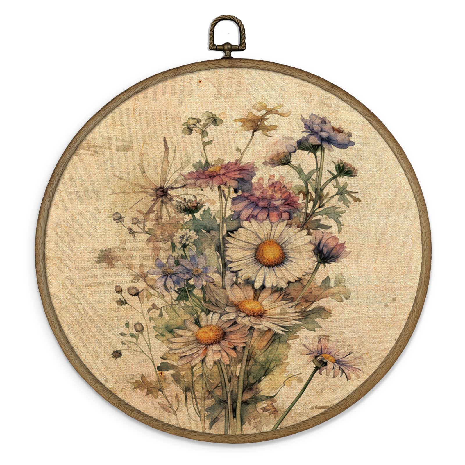 MAQIKA Vintage Floral Framed Wall Art Decor, Botanical Wall Art, Daisy Wall Decor, Bouquet Round Wall Hanging Decor, Retro Wildf